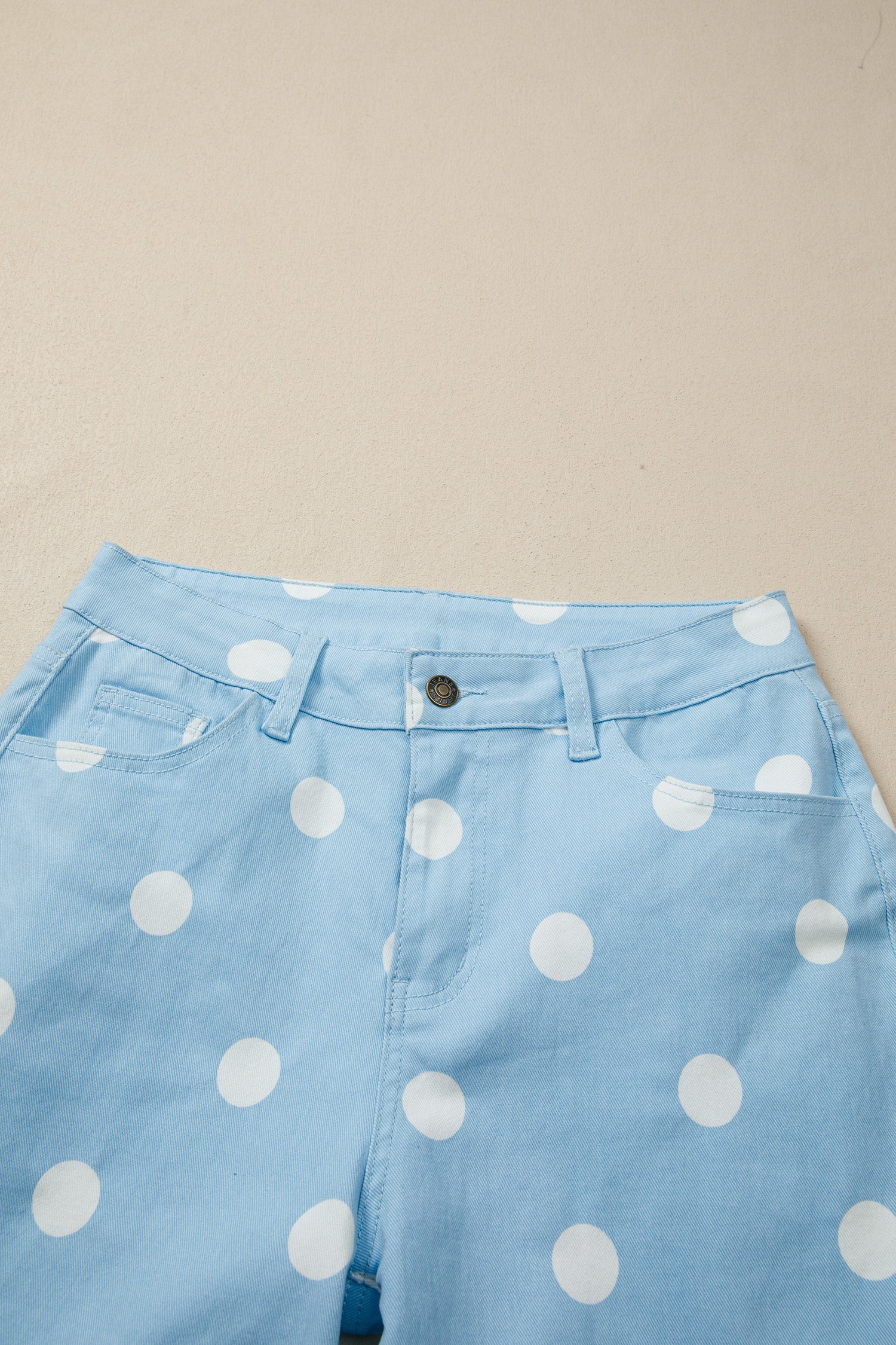 Khaki & Sky Blue Polka Dot Print Raw Hem High-Waist Shift Jeans | Sizes 4–16