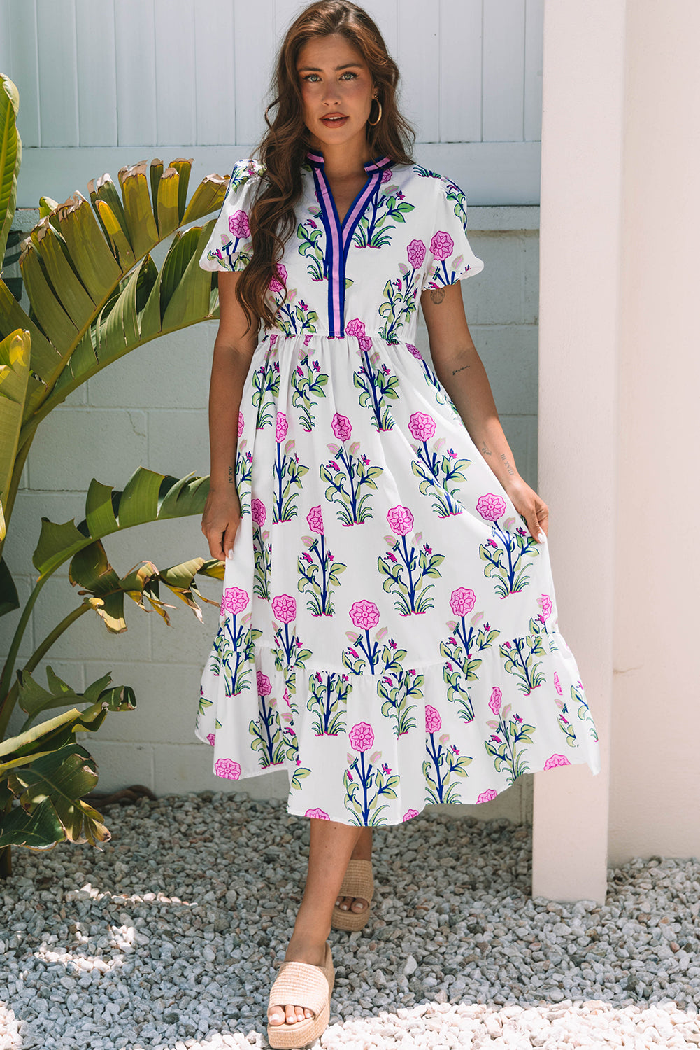 Women's Sky Blue Floral Puff Short Sleeve V Neck High Waist Maxi Dress at LivelyLooks