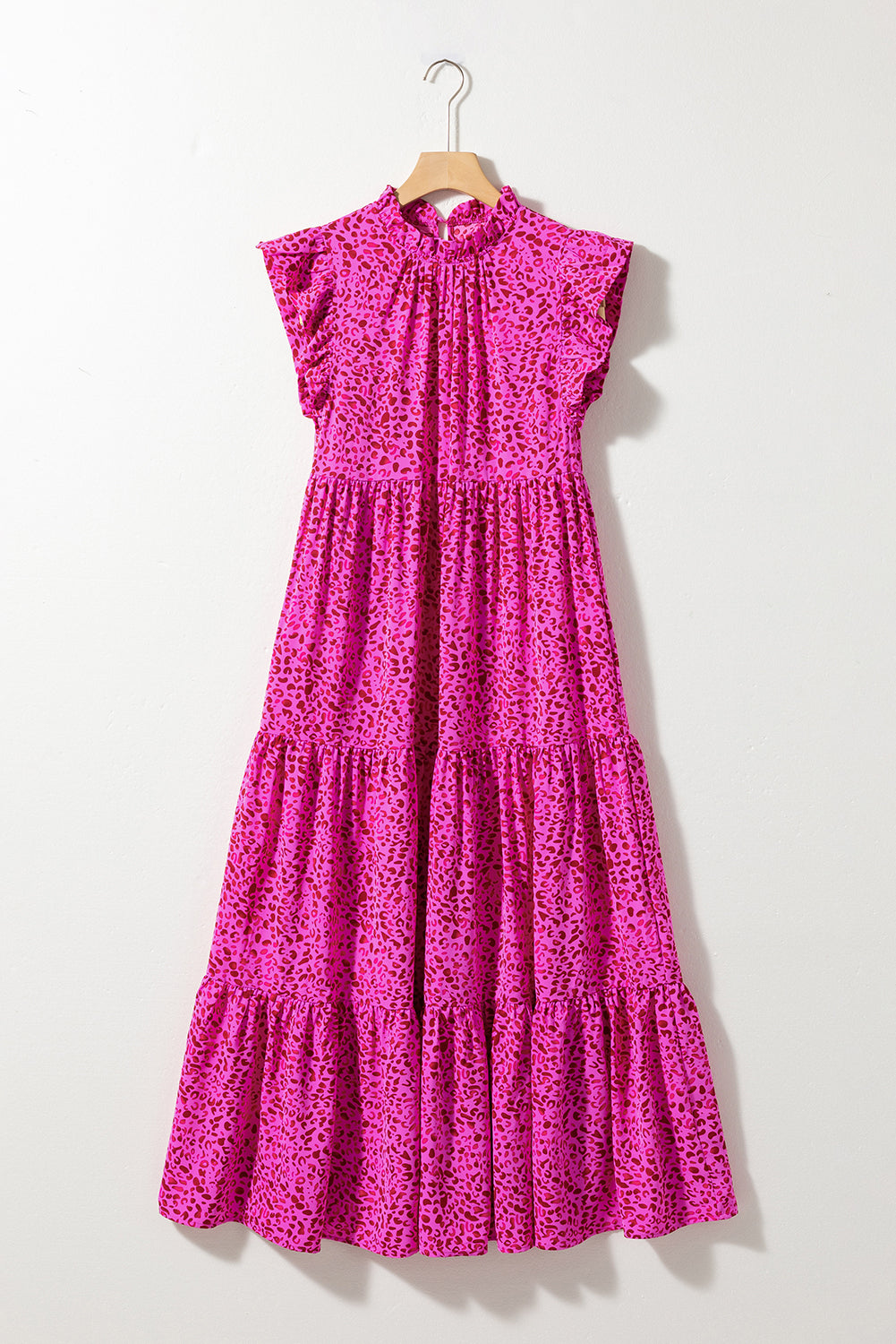 Shop Pink Leopard Print Ruffled Trim Tiered Maxi Dress Animal Pattern Casual Sundress at LivelyLooks