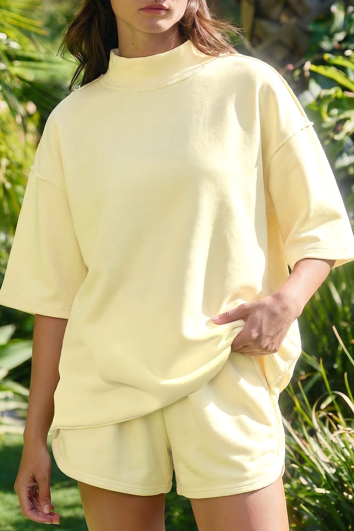 Exposed Seam Mock Neck Oversized Tee & Shorts Set – Mist Blue