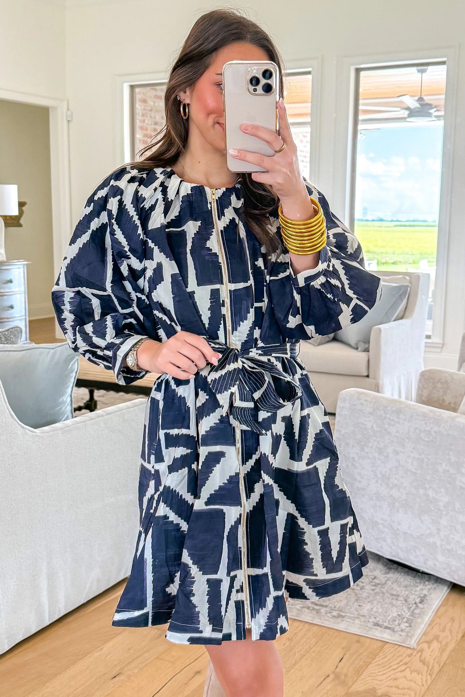 Blue Abstract Geometric Print Zip Front Tie Waist Shift Dress S-XL
