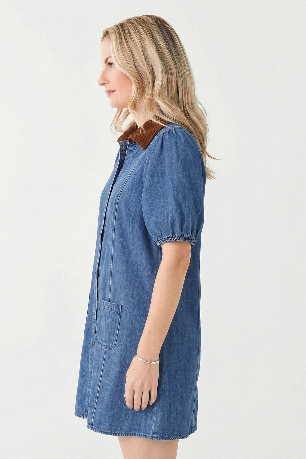 Women's Blue Denim Puff Sleeve Colour Block Shirt Collar Patchwork Mini Dress at LivelyLooks