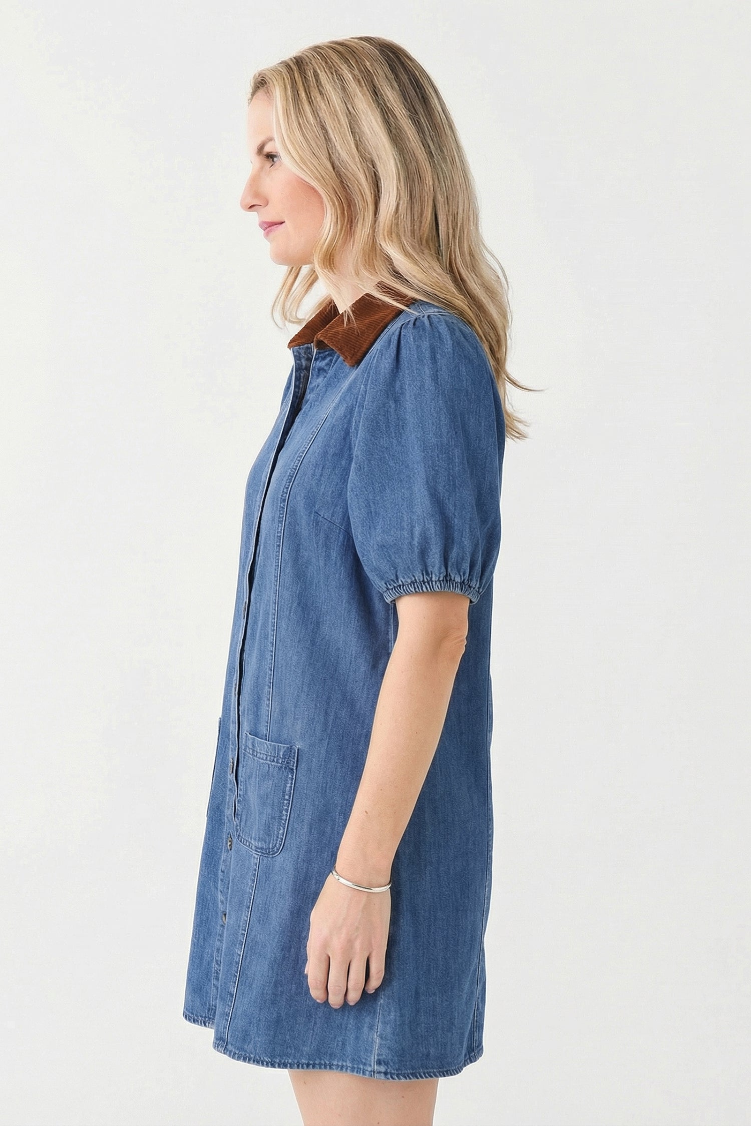 Women's Blue Denim Puff Sleeve Colour Block Shirt Collar Patchwork Mini Dress at LivelyLooks