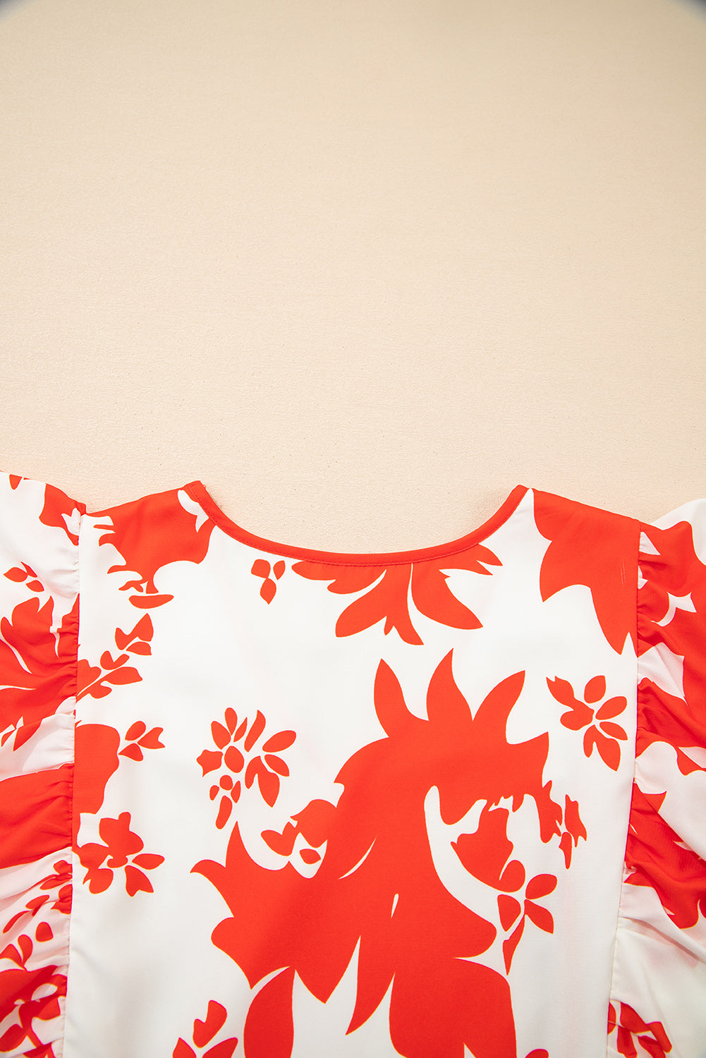 Red Floral Print Trimmed V Neck Ruffle Sleeve Long Dress S-XL
