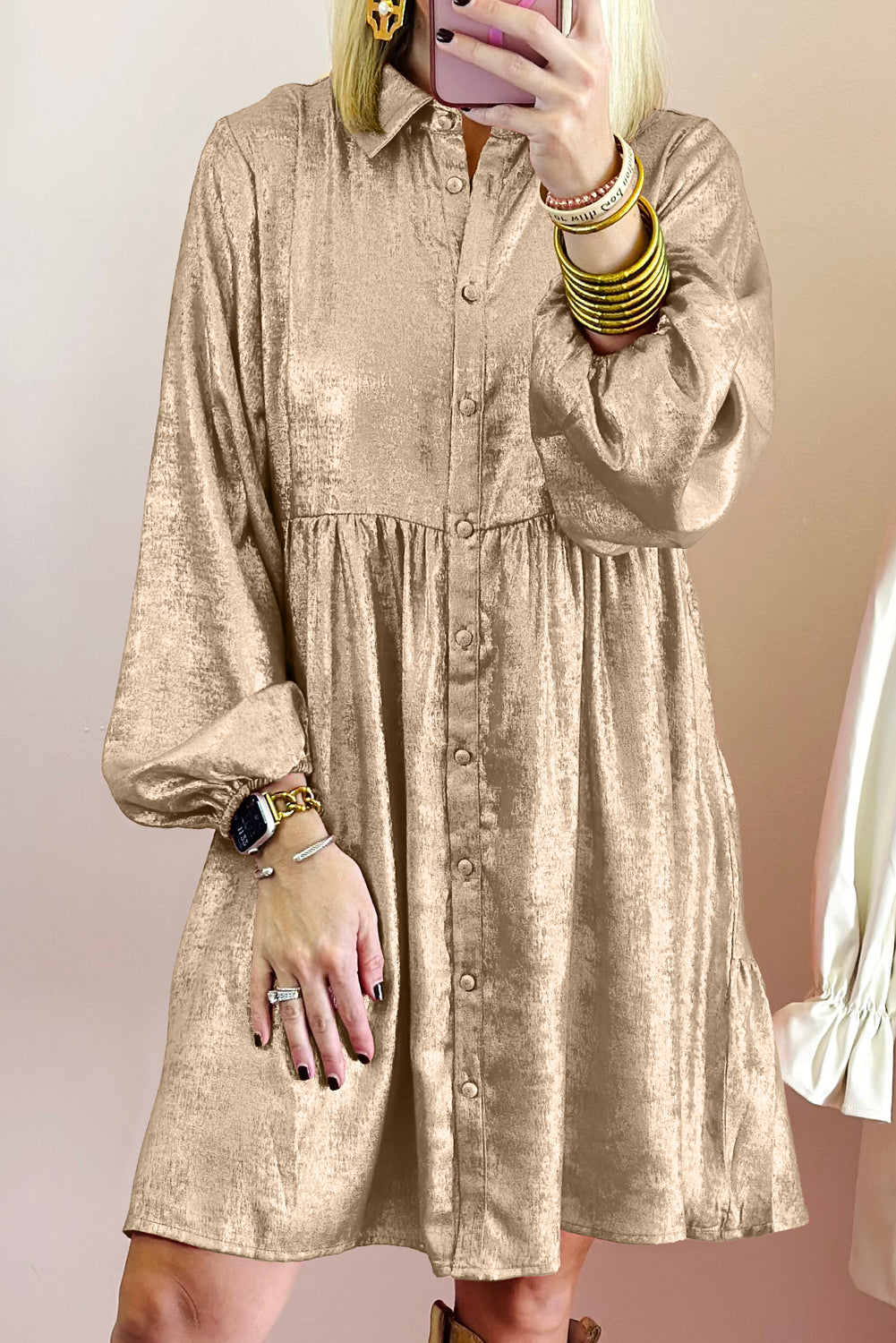 LivelyLooks Beige Metallic Puff Sleeve Button-Up Mini Shirt Dress S-XL women's fashion