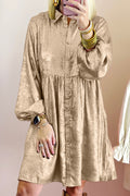 LivelyLooks Beige Metallic Puff Sleeve Button-Up Mini Shirt Dress S-XL women's fashion