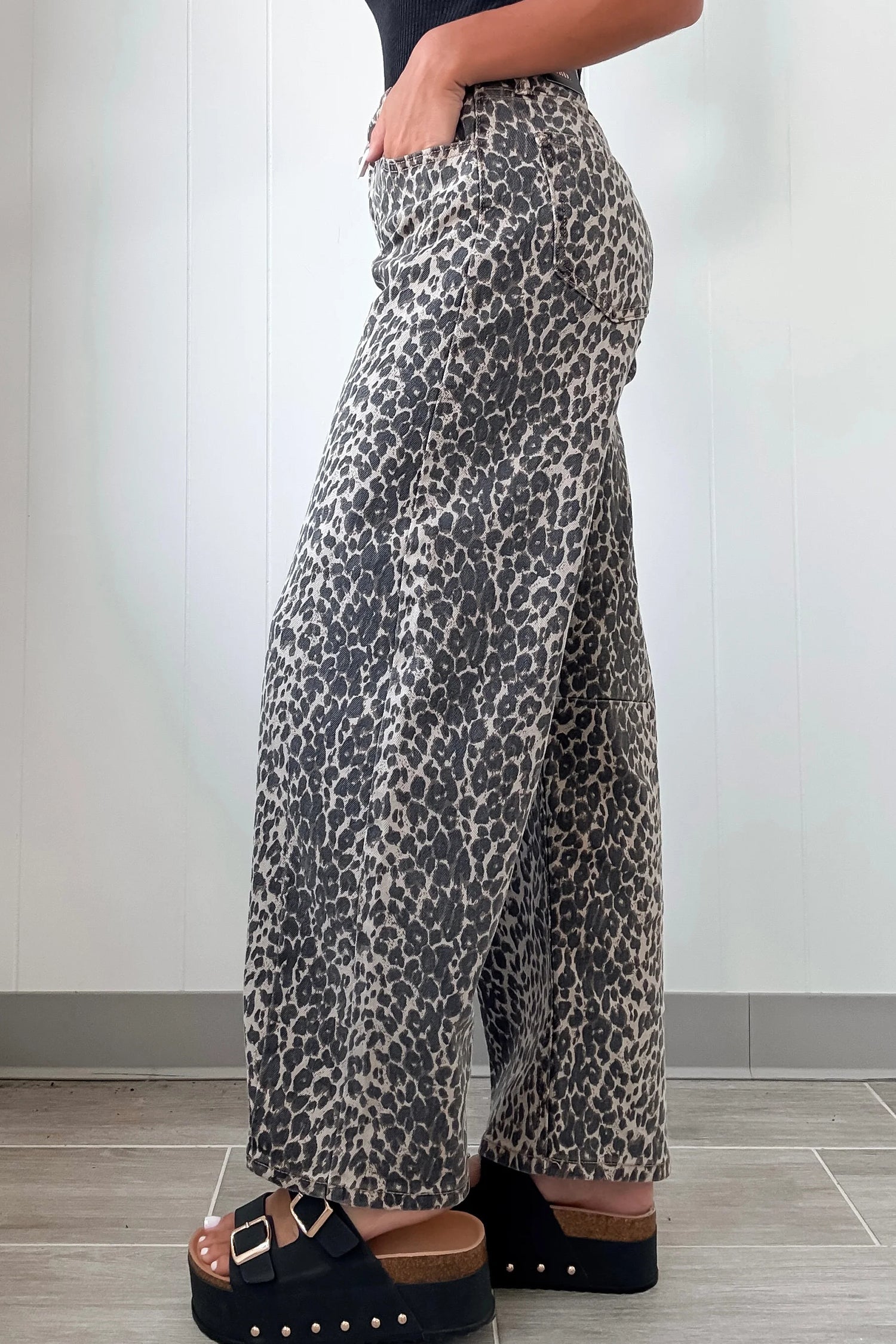 Shop Black Leopard Print High Waist Barrel Jeans UK 8-20 at LivelyLooks
