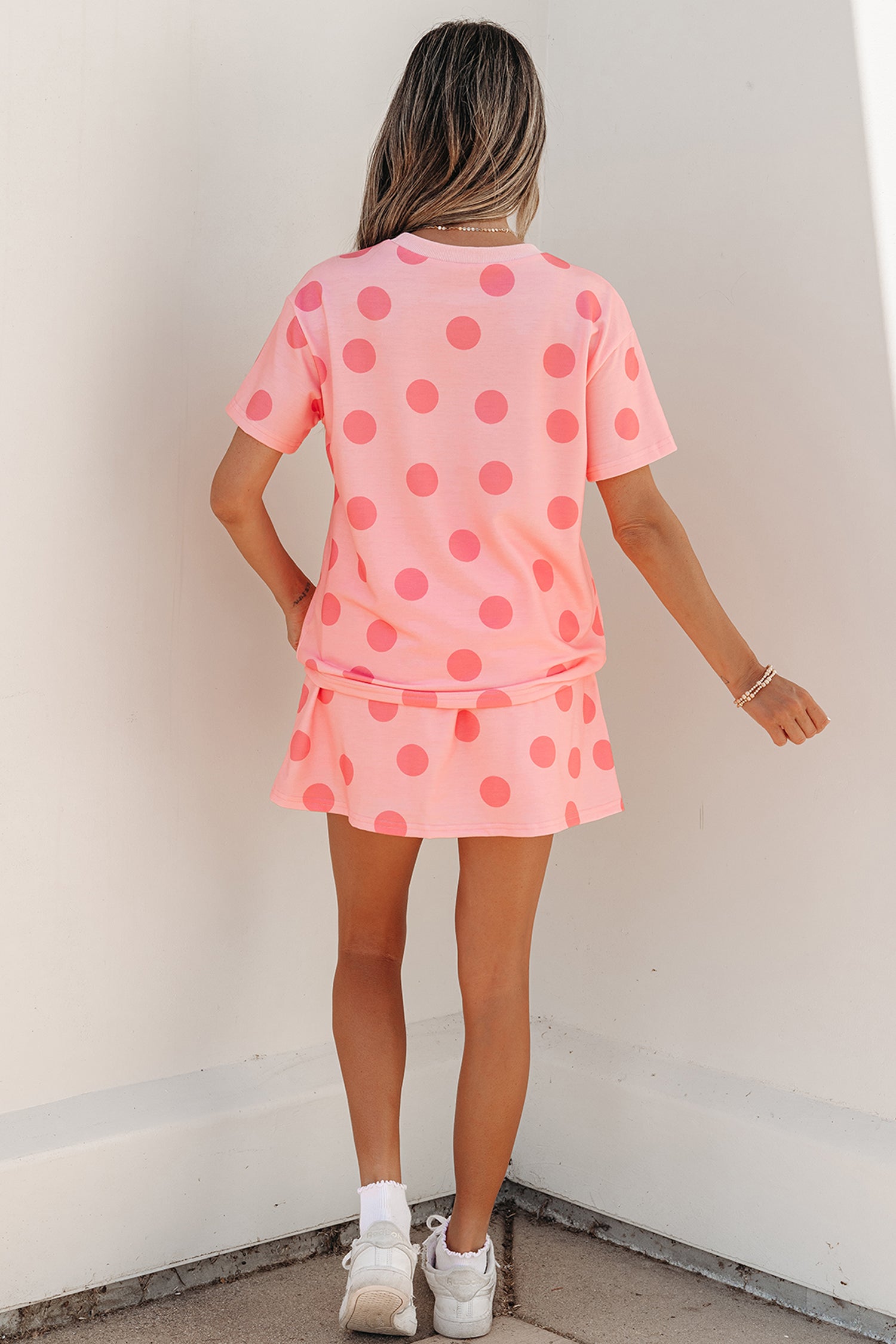 Polka Dot Short Sleeve Top & Casual Skort 2pcs Outfit | White, Pink & Sky Blue