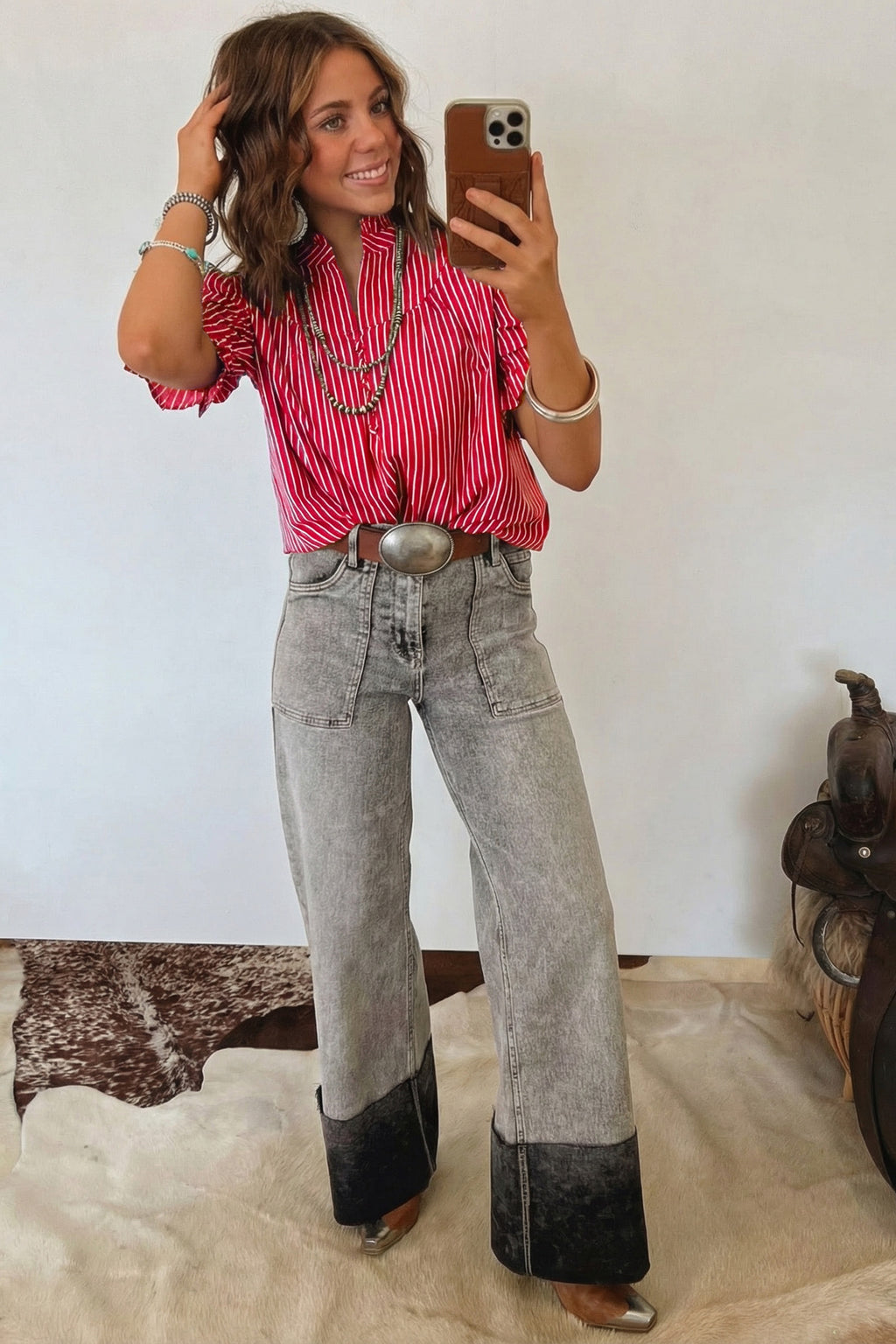 Red Stripe Ruffled Blouse Short Puff Sleeve Button Front Gathered Collar S-XL