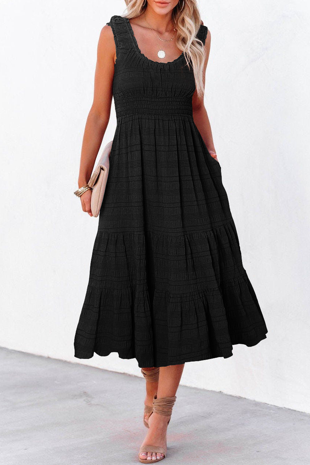 Shop Shirred Pleated Square Neck Sleeveless Midi Dress | S-XL at LivelyLooks