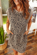 Women's Khaki Leopard Textured Sleeveless Mini Dress with Pockets at LivelyLooks