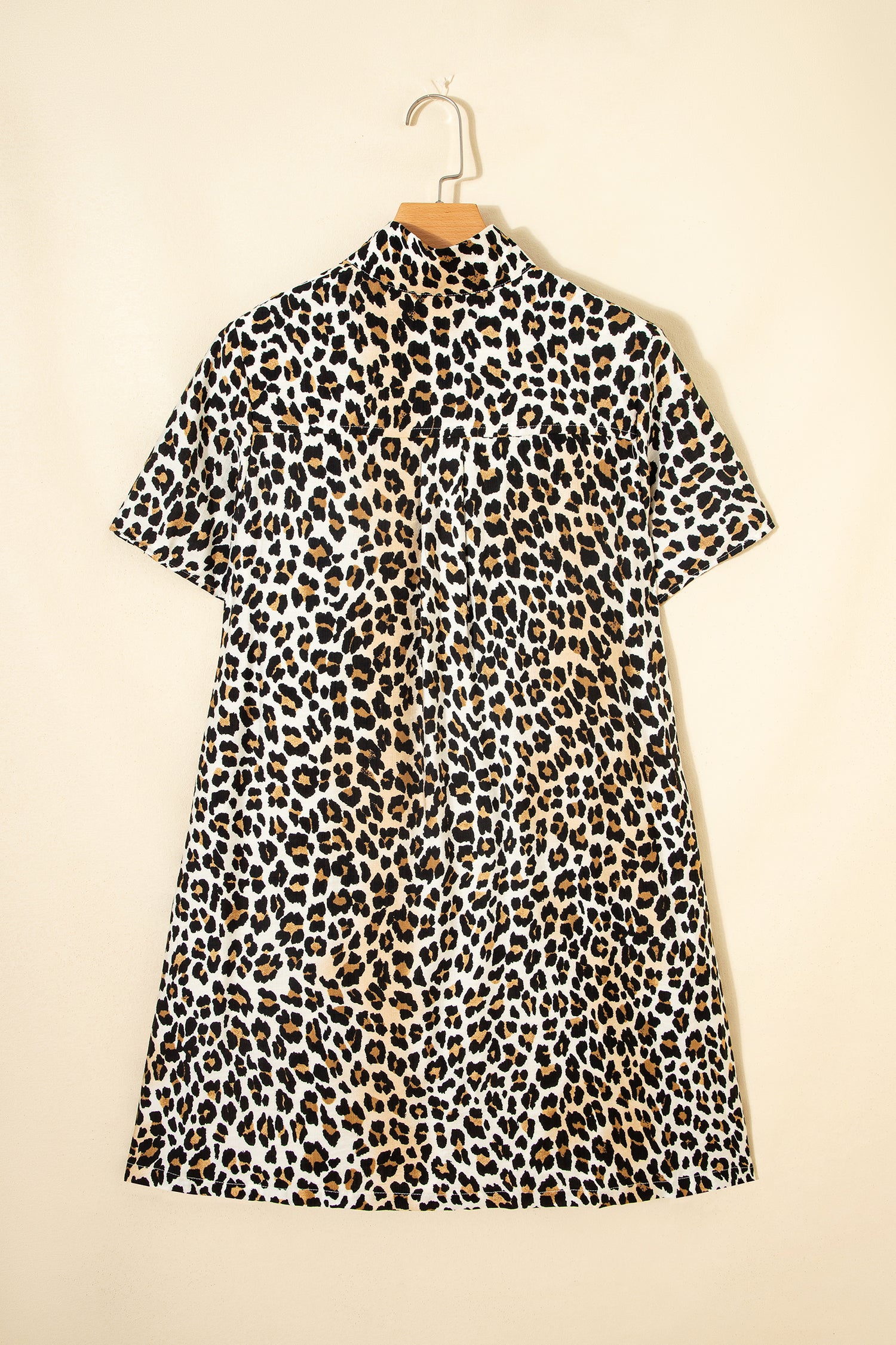 Women's Multicolour Half Buttons Short Sleeve Loose Leopard Mini Dress with Pockets at LivelyLooks