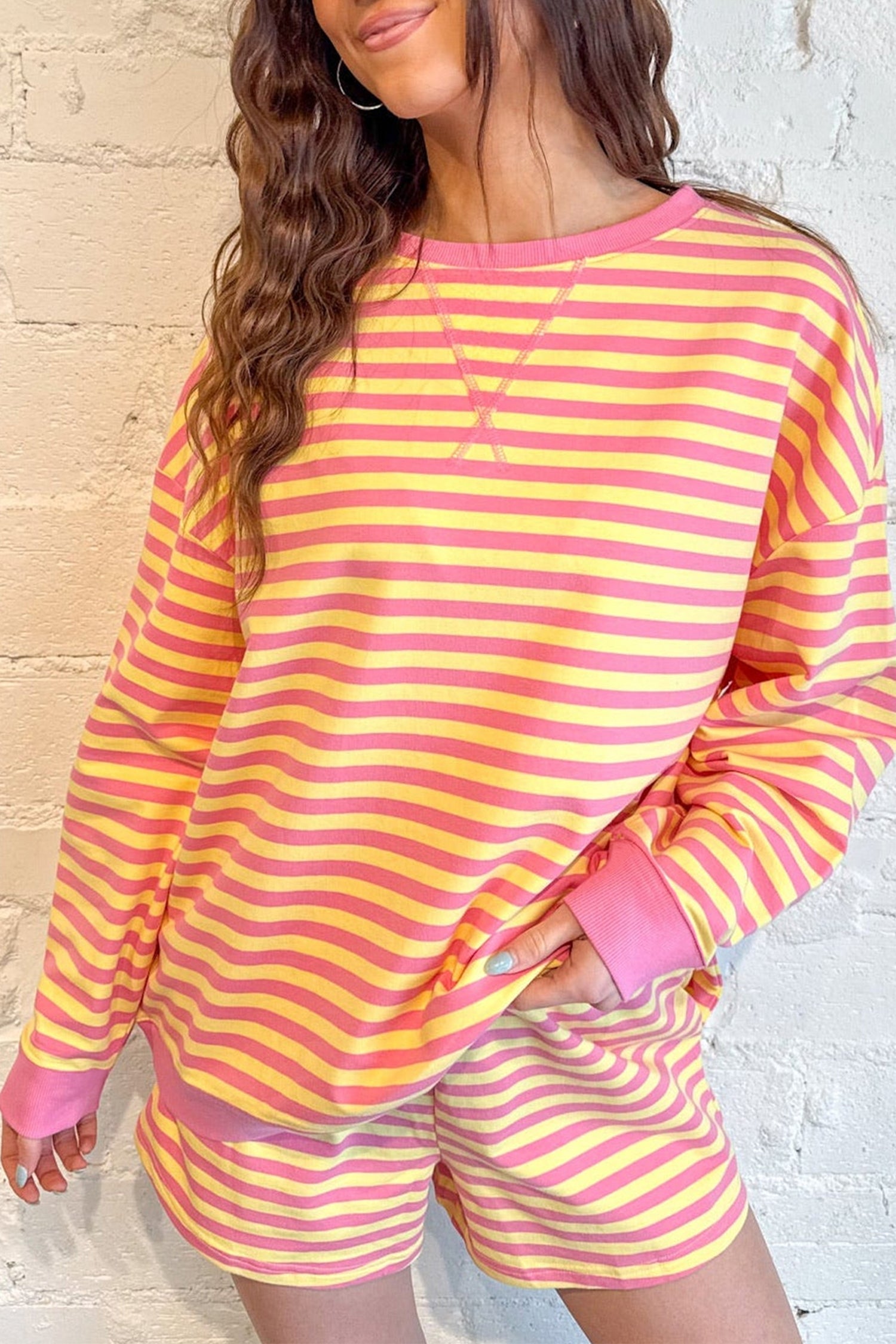 Yellow Stripe Colour Block Long Sleeve Top & Casual Shorts Set | UK 8–22