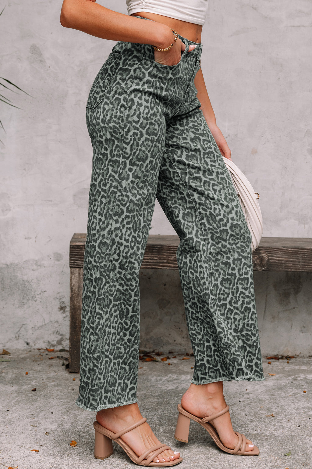 Women's Leopard Print Wide Leg High Waist Jeans | Brown, Grey, Blue & Pink at LivelyLooks