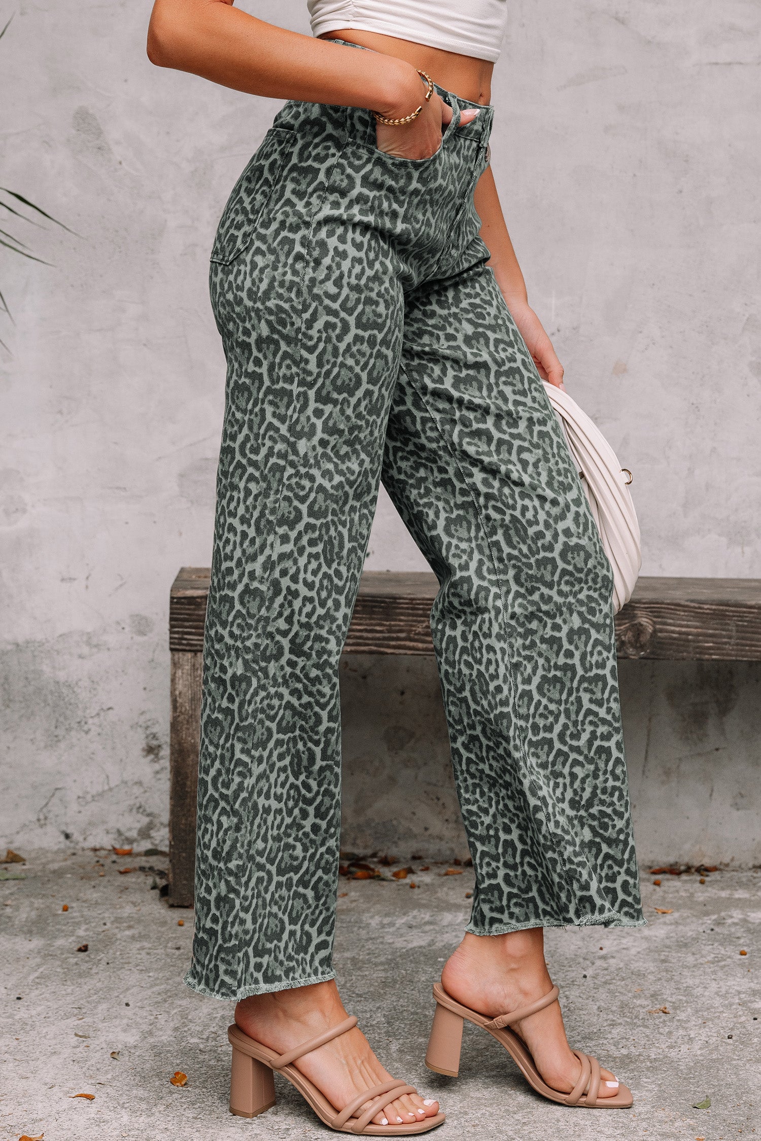 Women's Leopard Print Wide Leg High Waist Jeans | Brown, Grey, Blue & Pink at LivelyLooks