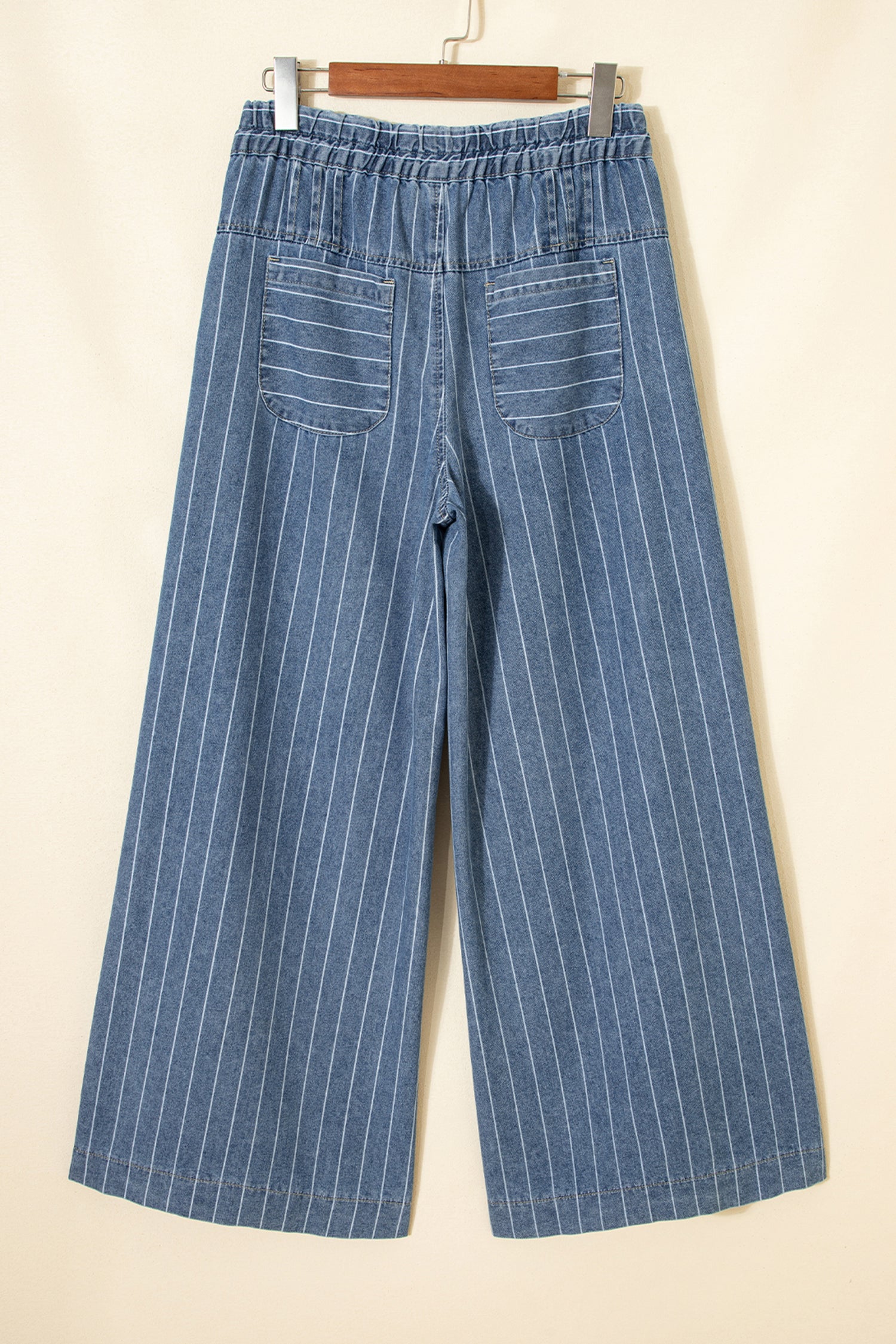 Women's Stripe Button Pleated Drawstring Waist Casual Wide Leg Jeans Denim Trousers Blue at LivelyLooks