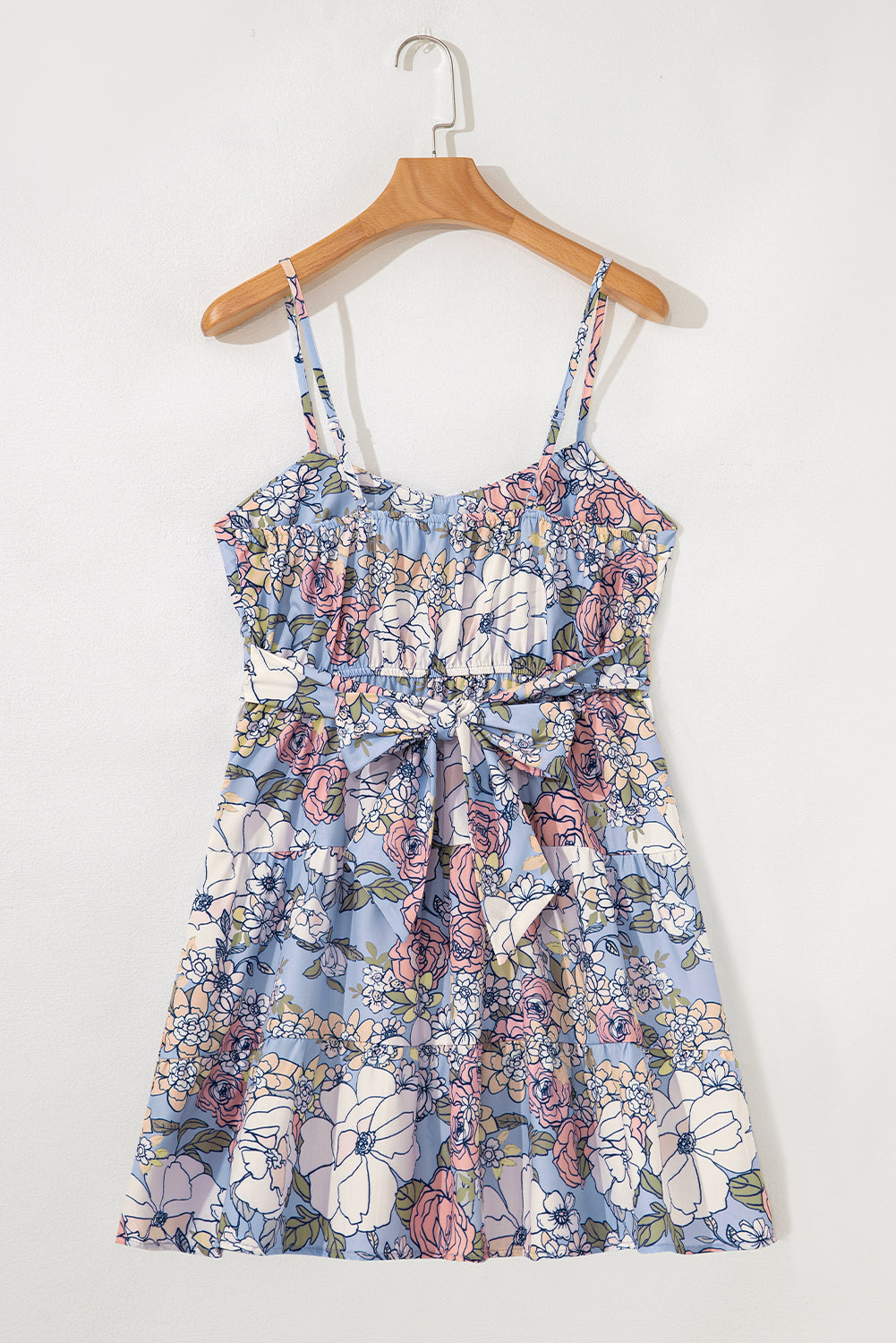 Sky Blue Floral Tiered Patchwork Spaghetti Strap Vacation Dress S-XL