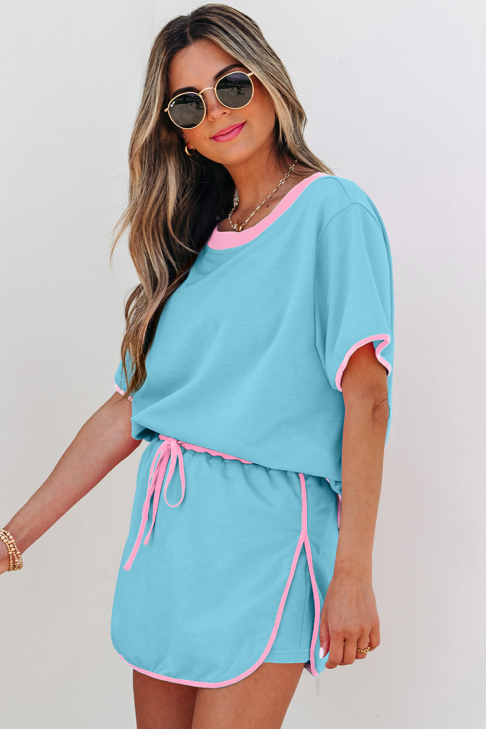 Colourblock Drop Shoulder T-Shirt & Skort 2-Piece Set Beige Black Green