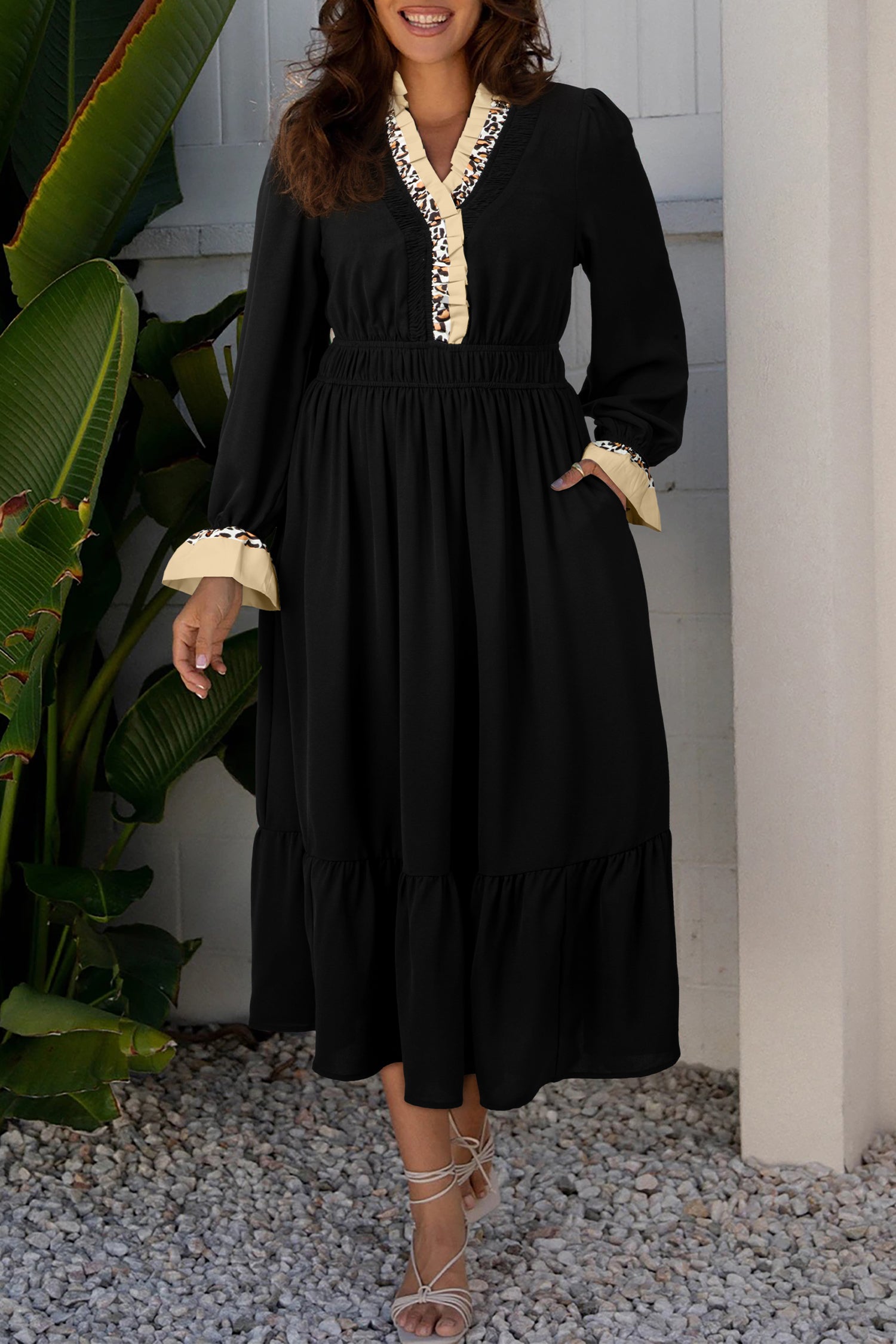 Women's Black Contrast Leopard Frilled Trim V Neck Bracelet Sleeve Midi Dress at LivelyLooks