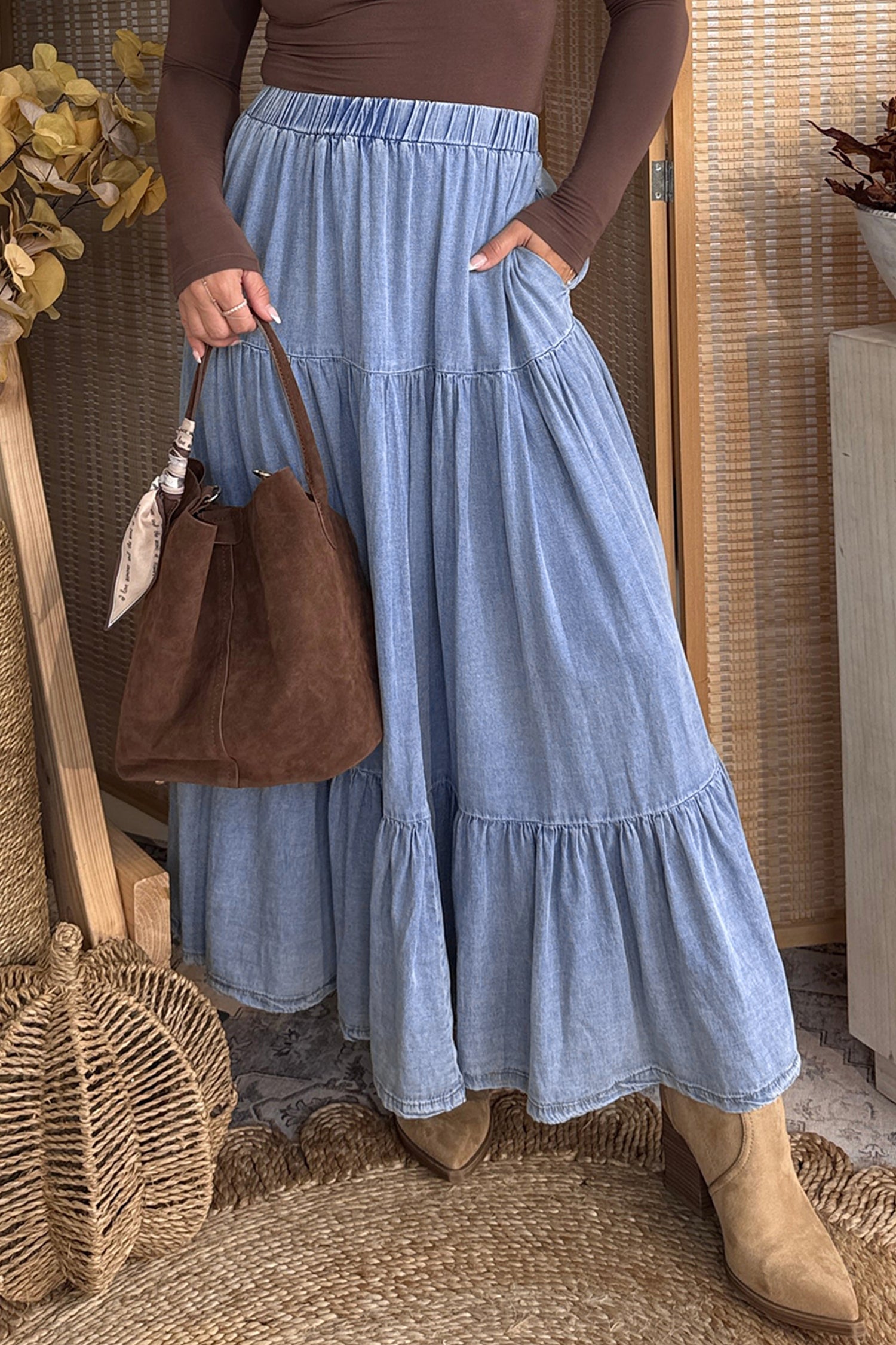 Women's Women's Flared Denim Maxi Skirt Tiered Ruffled Elastic Waist Blue S-XL at LivelyLooks
