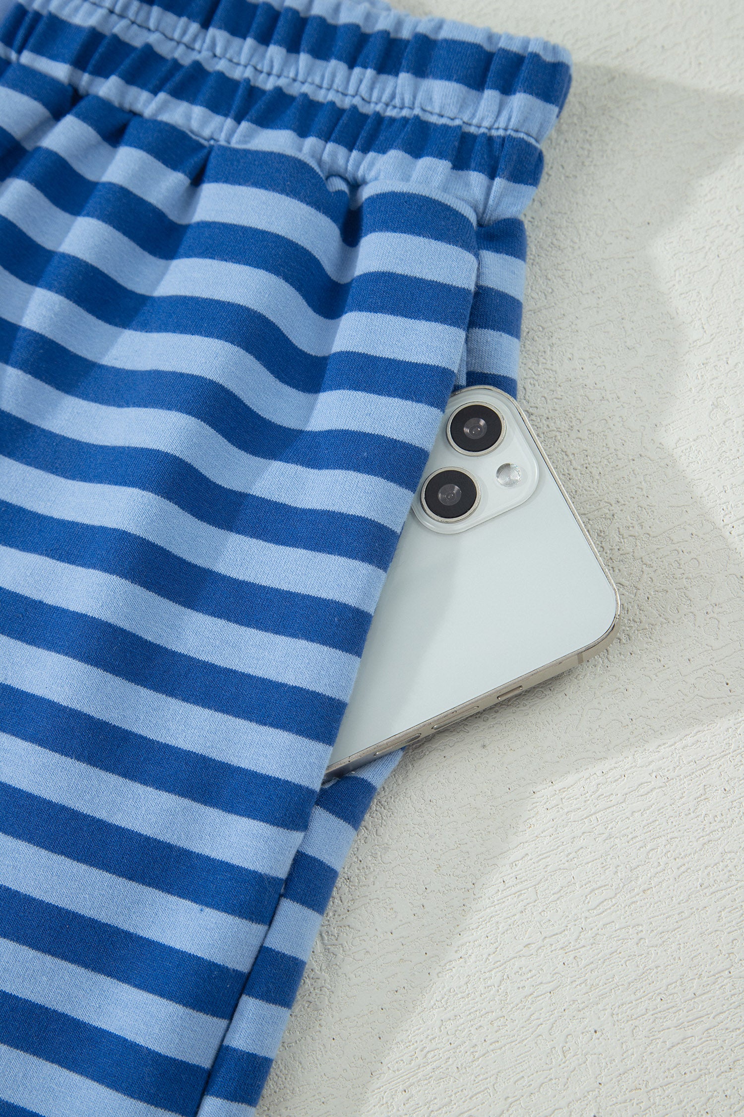 Striped Ribbed Cotton Short Set with Chest Patch Detail | Blue & Navy Stripe