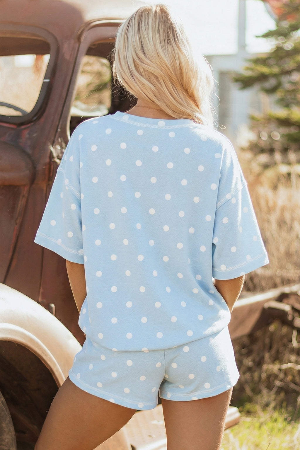 LivelyLooks White Polka Dot Exposed Seam Loose Tee & Drawstring Shorts Set S-XL women's fashion