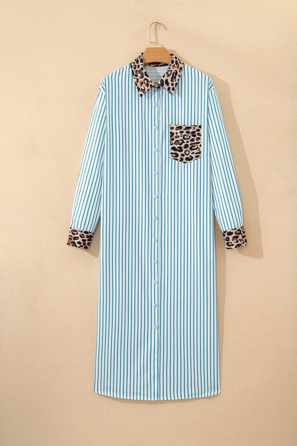 Women's Brown Stripe Contrast Leopard Patchwork Long Shirt Dress with Slits at LivelyLooks