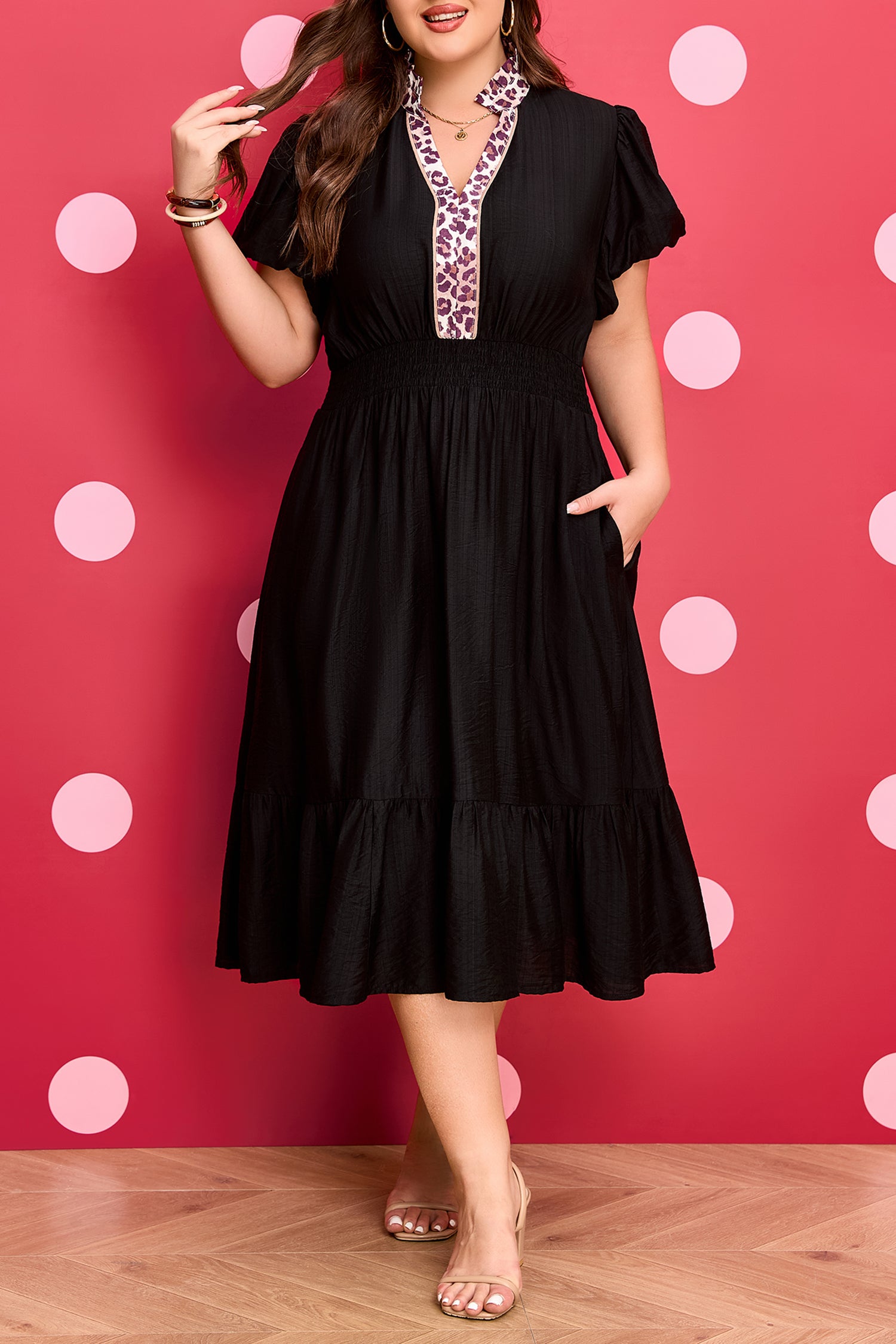 Women's Black Leopard V Neck Patchwork Smocked Waist Plus Size Ruffled Dress at LivelyLooks