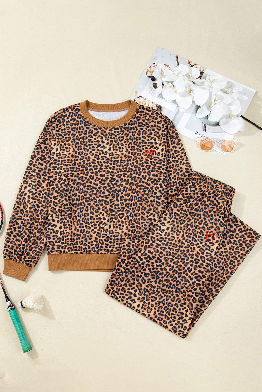 Khaki Leopard Pullover & Pants Set with Bow Embroidery | UK 8–22
