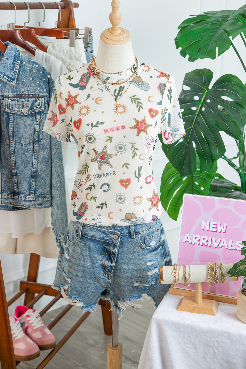 White Western Print Sheer Mesh Top Slim Fit Short Sleeve Women S-XL