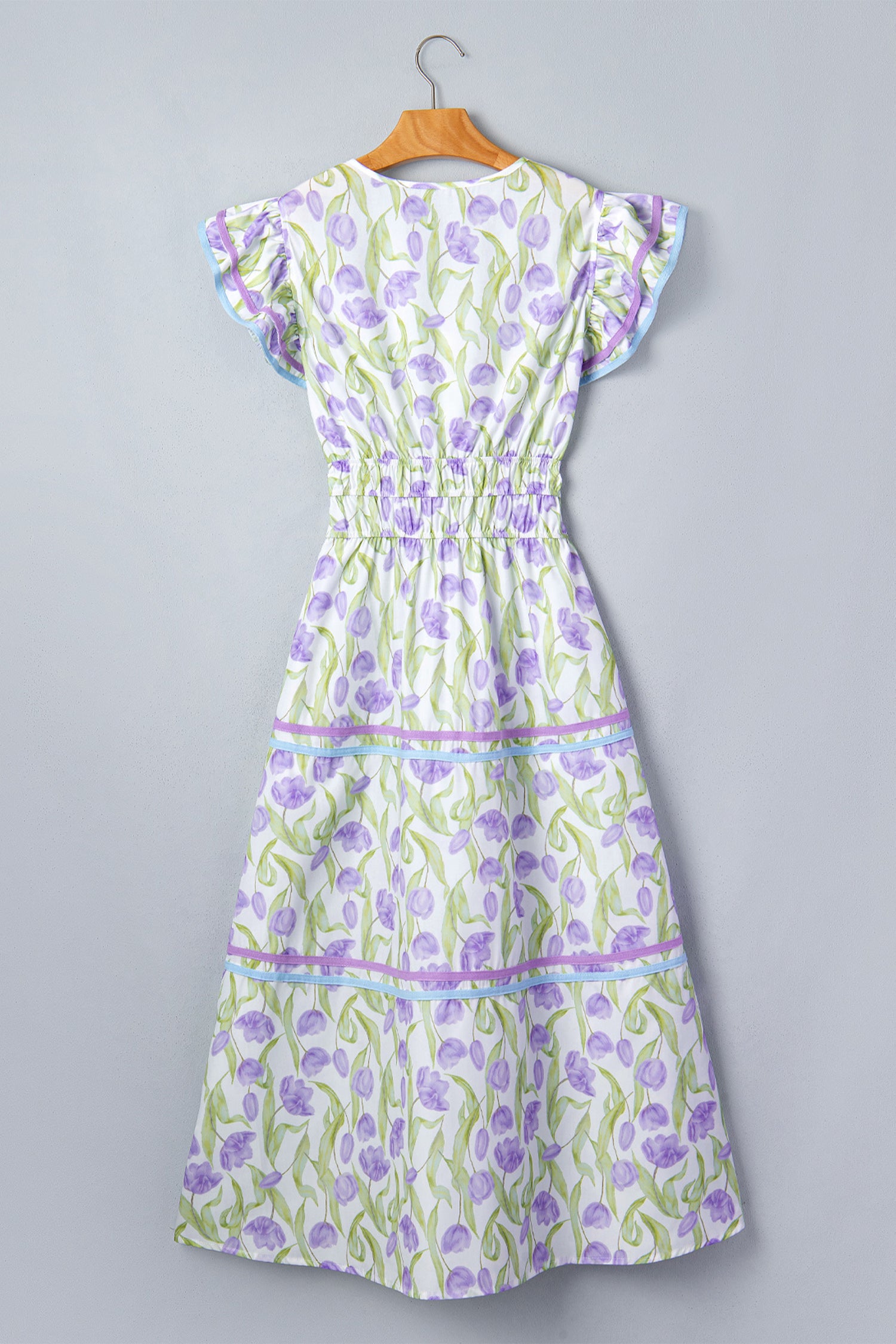 Purple Tulip Floral Print Contrast Trim Flutter Sleeve Midi Dress