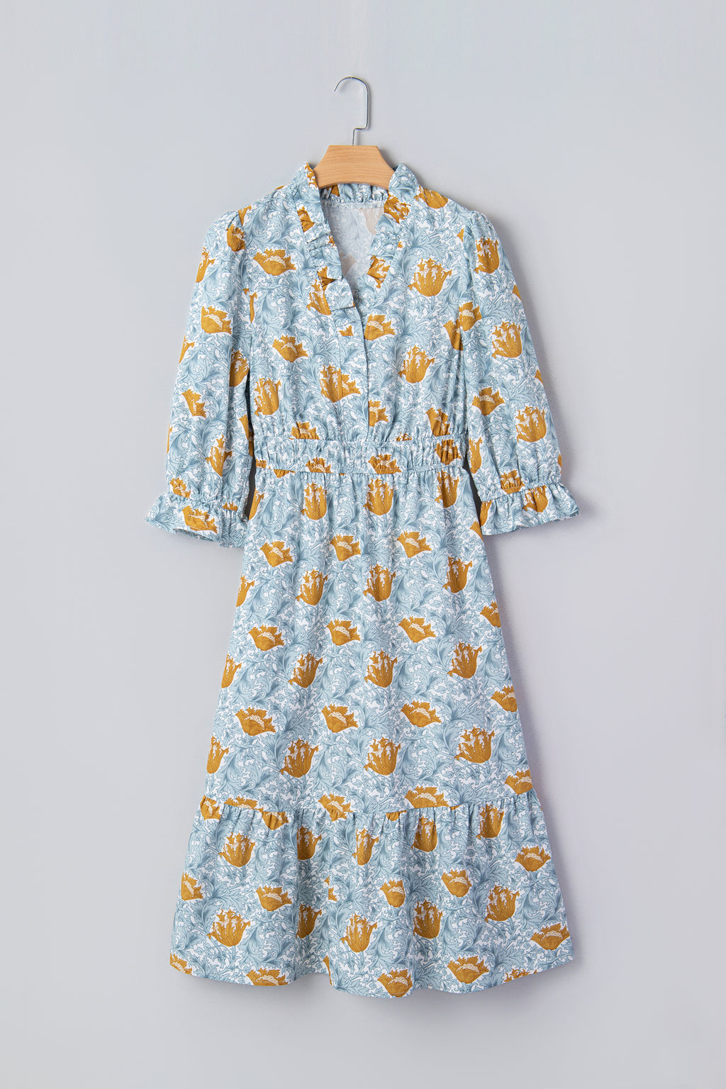 Floral Frilled V Neck Long Dress Bracelet Sleeve Brown Sky Blue Women S-XL
