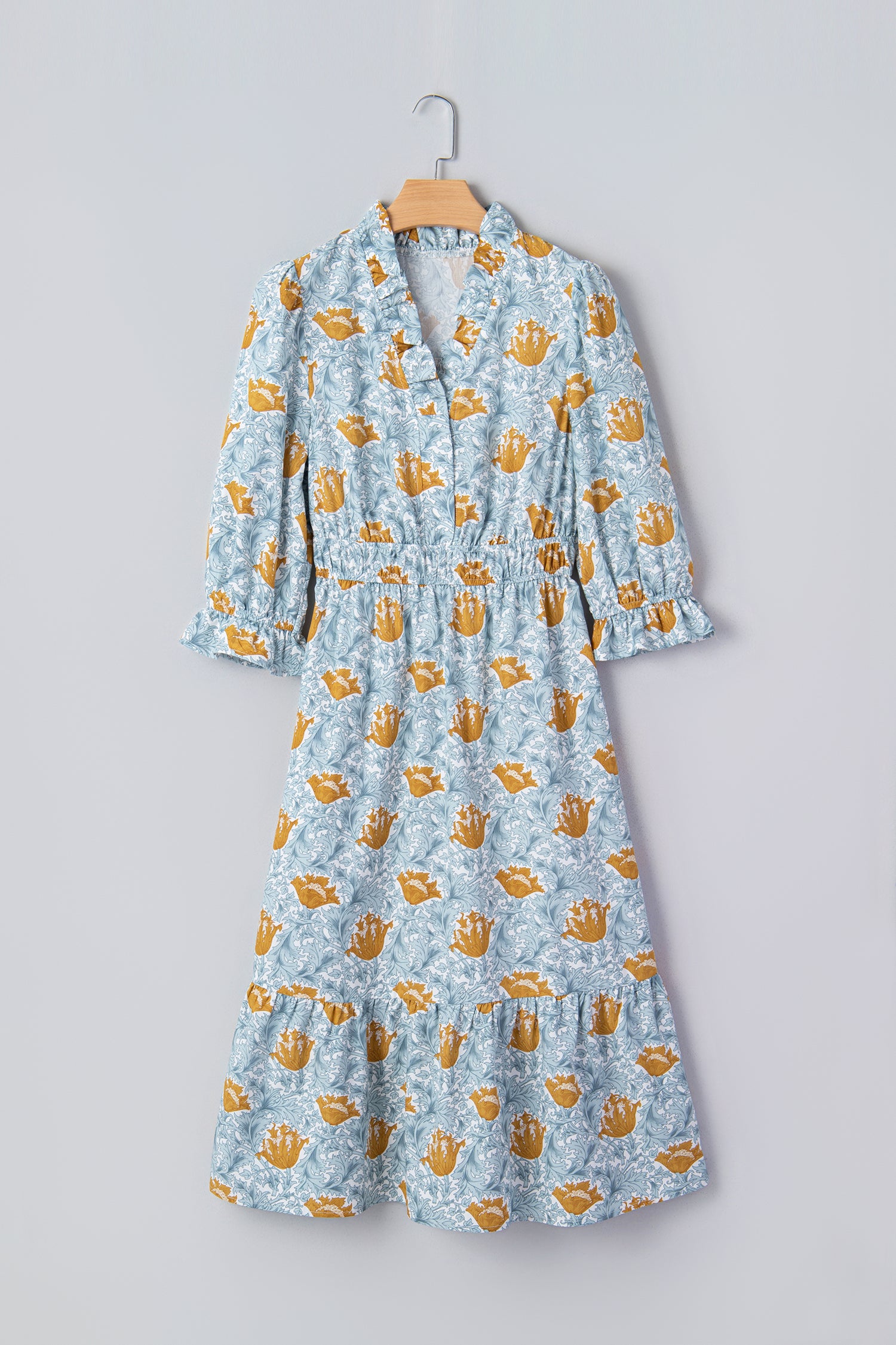 Floral Frilled V Neck Long Dress Bracelet Sleeve Brown Sky Blue Women S-XL