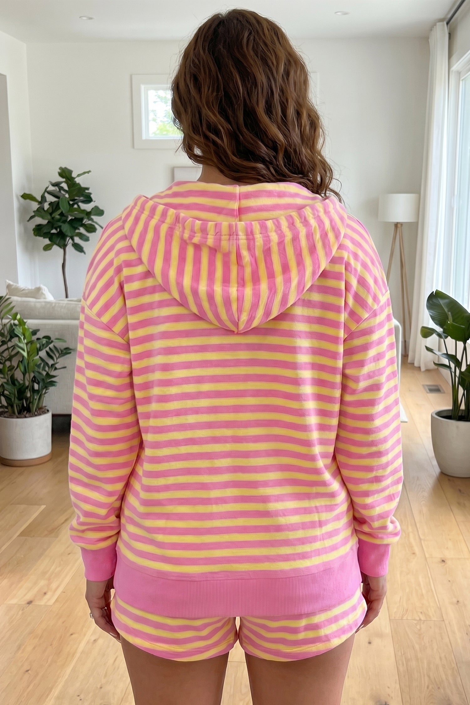 Rose Red Striped Long Sleeve Zip-Up Hoodie & Drawstring Shorts Set | UK 8–22