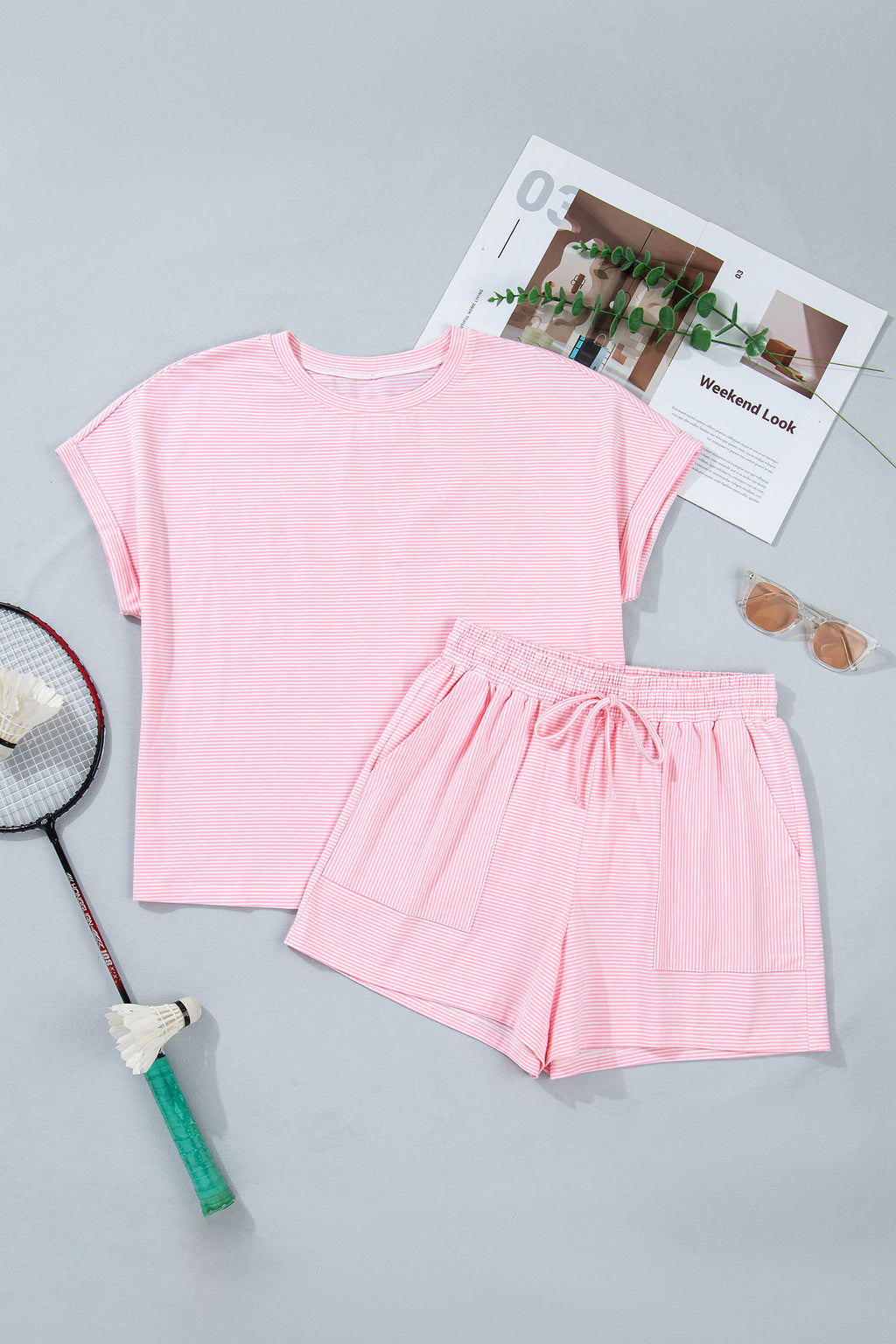 Pink Stripe Matching Oversized Tee & Drawstring Shorts Co-ord Set