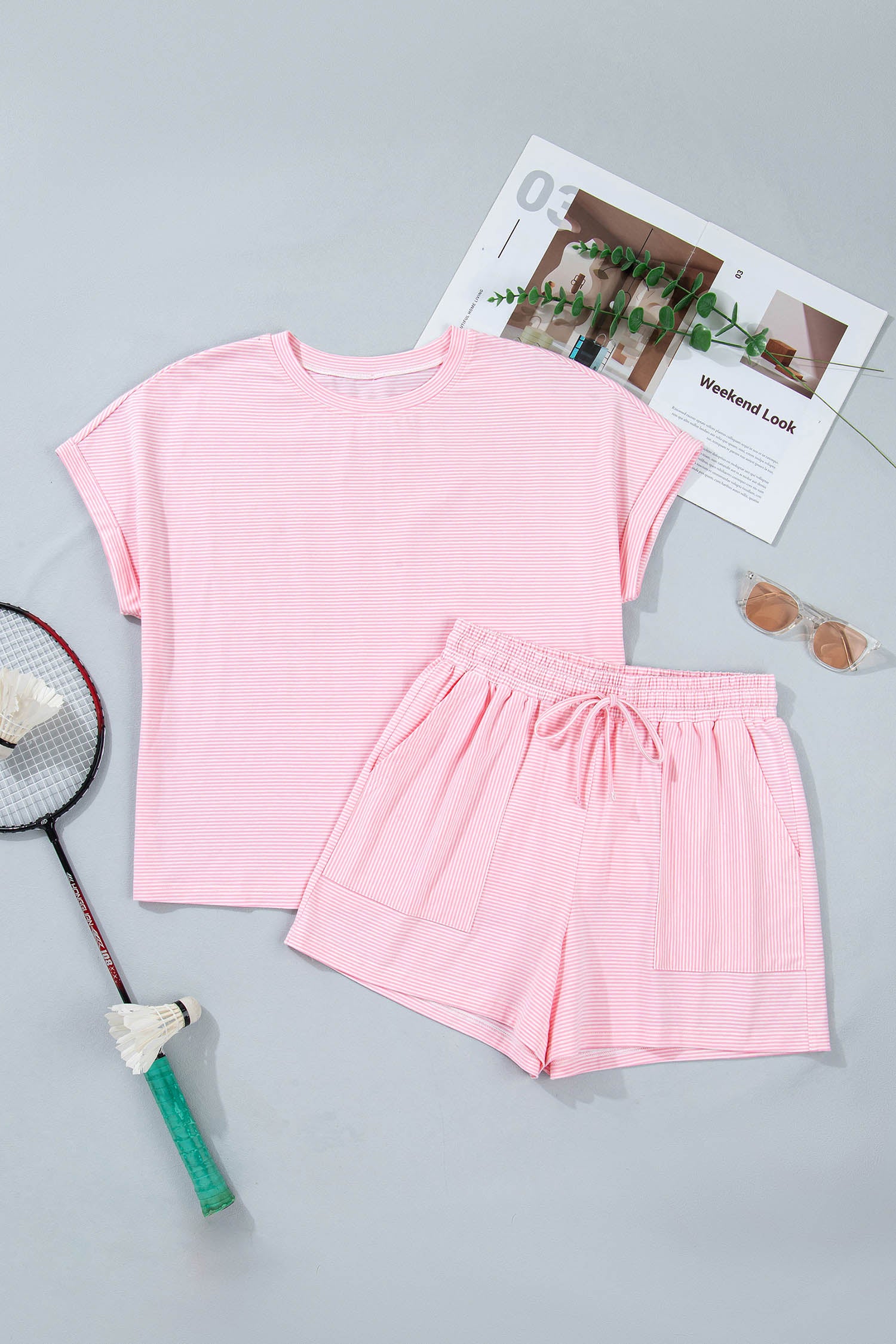 Pink Stripe Matching Oversized Tee & Drawstring Shorts Co-ord Set