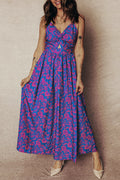 Women's Blue Floral Print Twisted V-Neck Tied Backless Maxi Dress at LivelyLooks