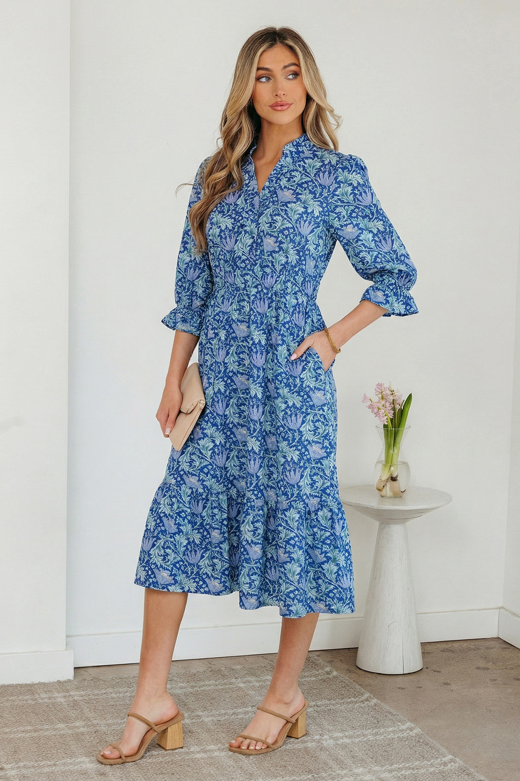 Floral Frilled V Neck Long Dress Bracelet Sleeve Brown Sky Blue Women S-XL
