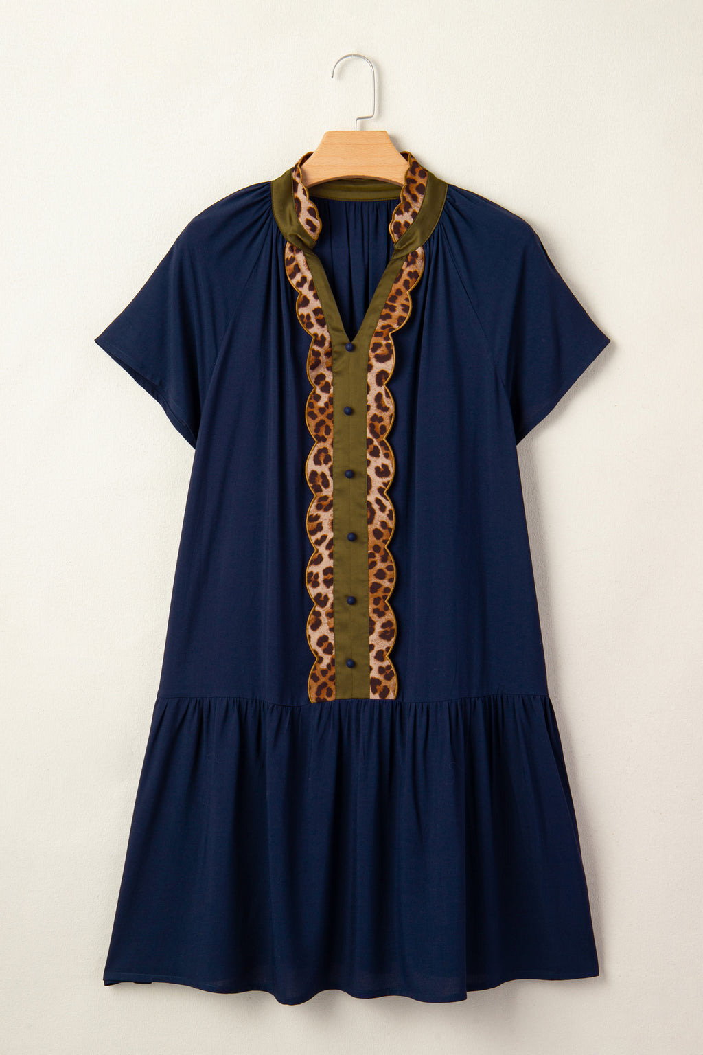 Women's Navy Blue Button Detail Leopard Metallic Trim Short Sleeve Tunic Dress at LivelyLooks