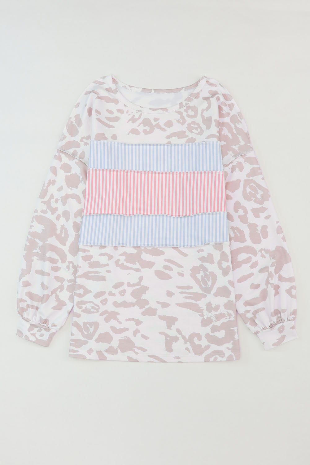 Leopard Print Puff Sleeve Knit Top Contrast Stripe Patchwork Women S-XL