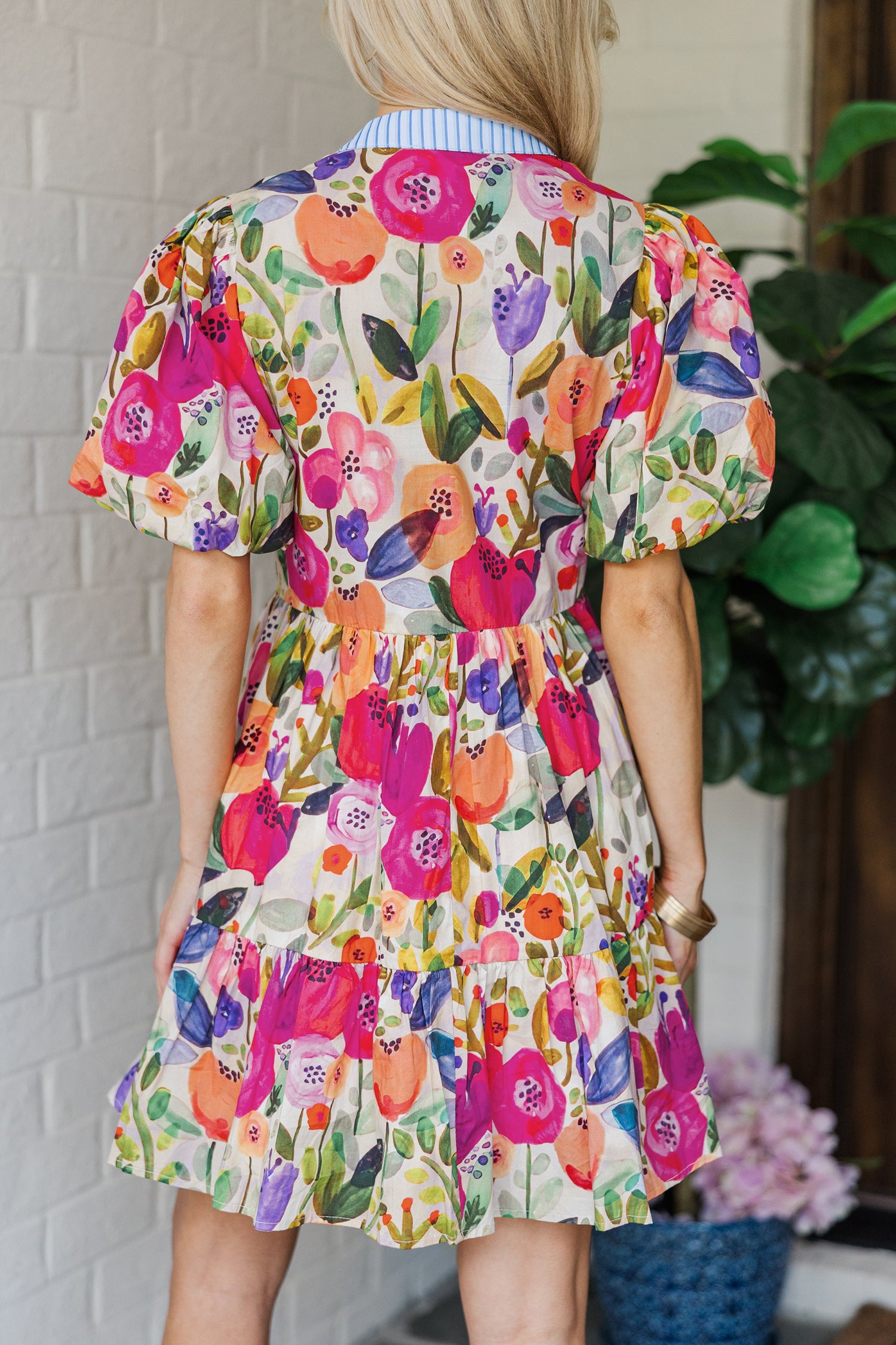 Rose Floral Ricrac Trim Striped Patchwork V Neck Mini Dress S-XL