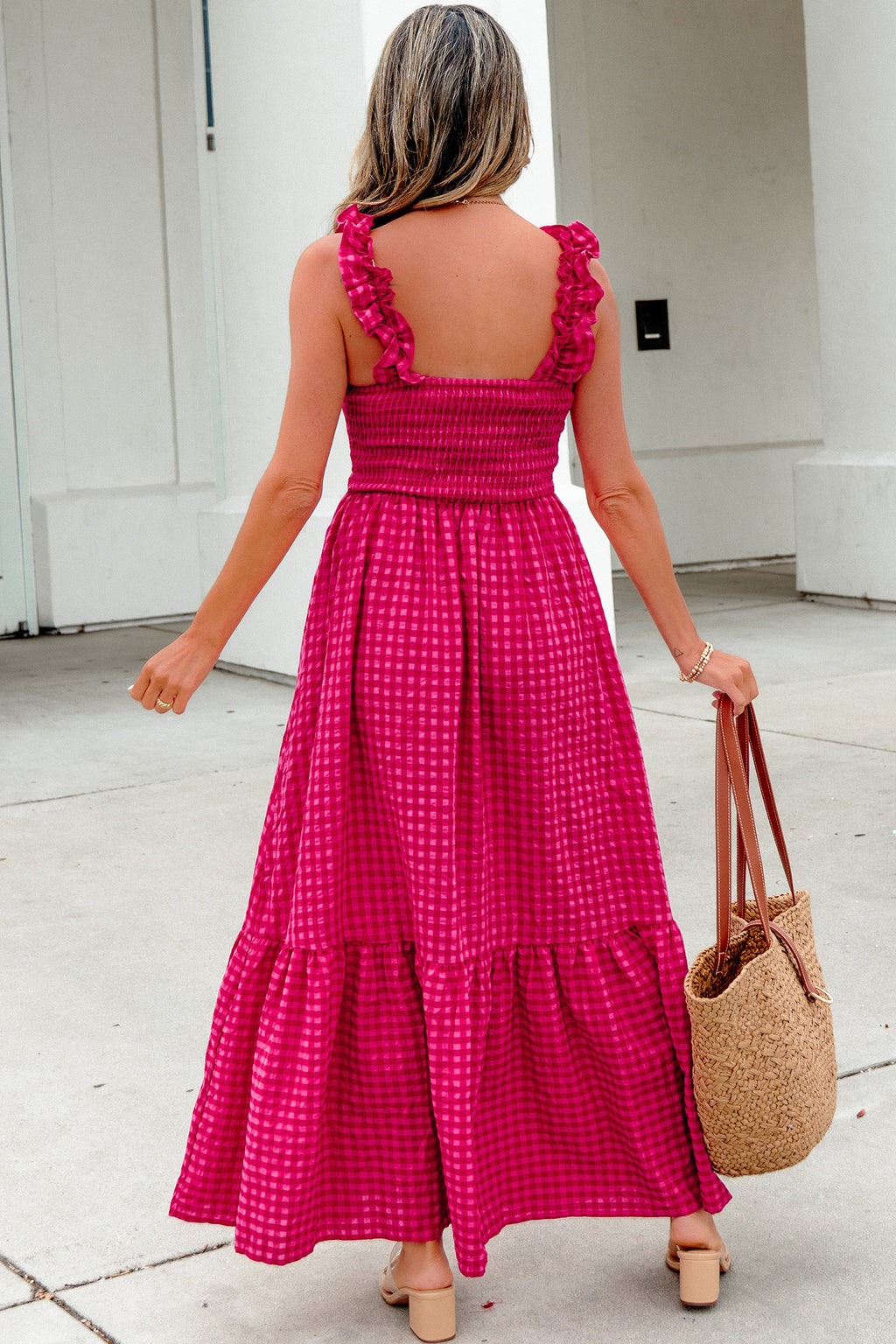 Red Plaid Fit & Flare Sundress Square Neck Vacation Women S-XL