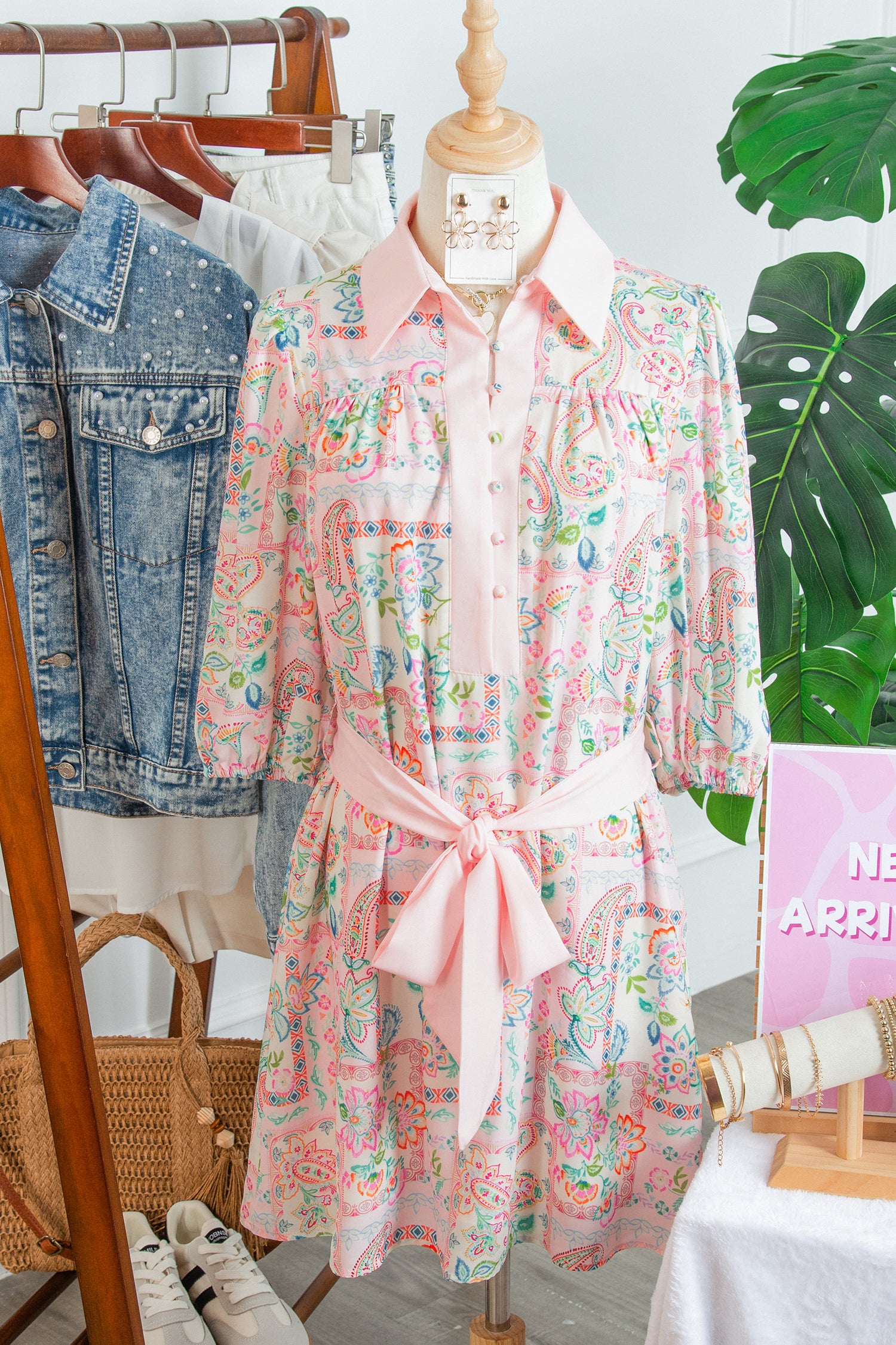Pink Boho Floral Print Belted Mini Dress | UK Sizes 8-20