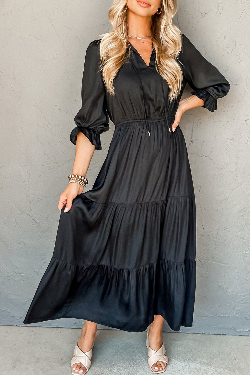 Black Tiered Maxi Dress Flounced Bracelet Sleeve V Neck Women S-XL