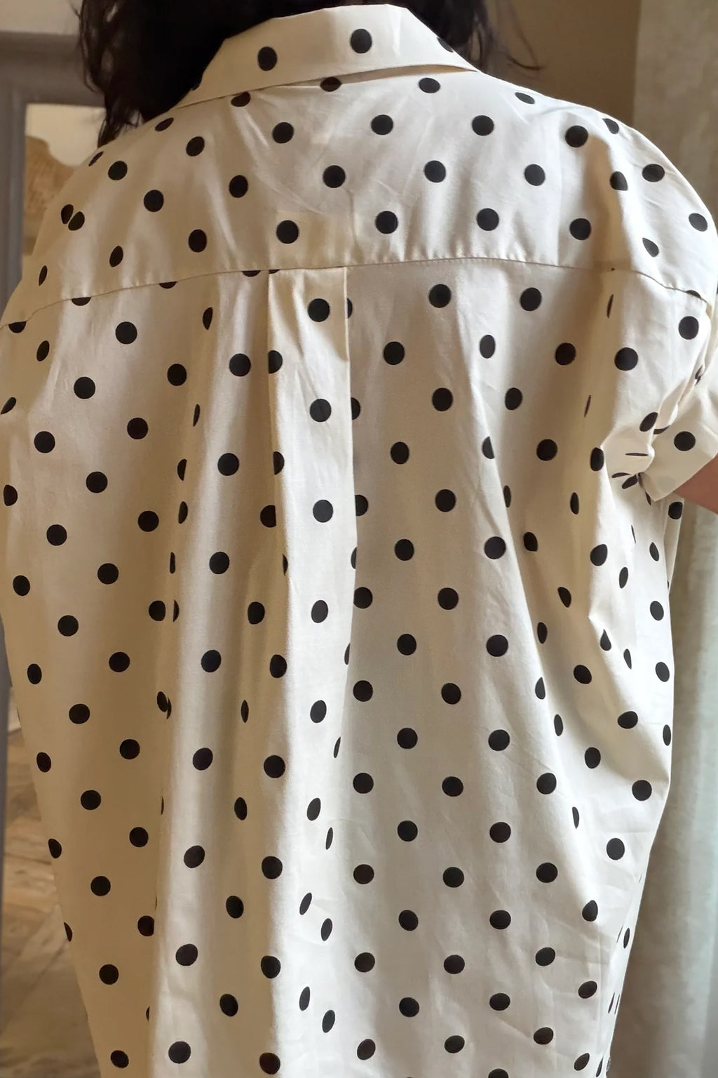 Beige Polka Dot Dolman Shirt Loose Fit Short Sleeve Rolled Cuff Women S-XL