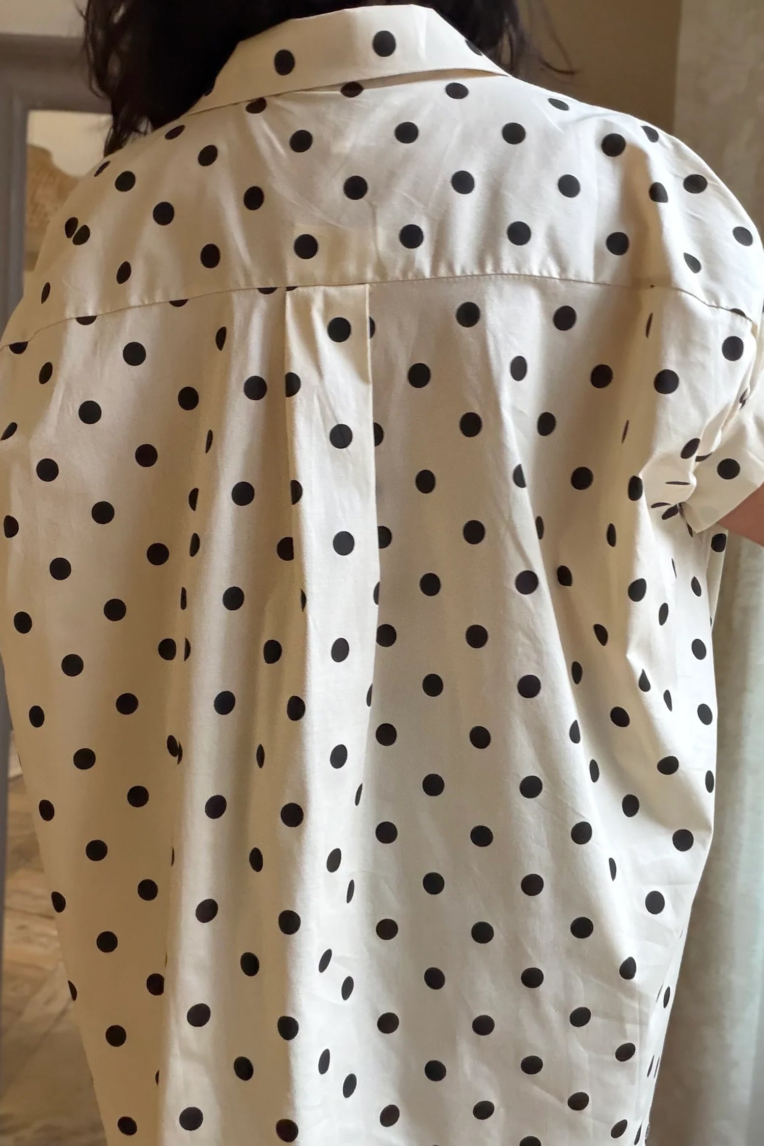 Beige Polka Dot Dolman Shirt Loose Fit Short Sleeve Rolled Cuff Women S-XL