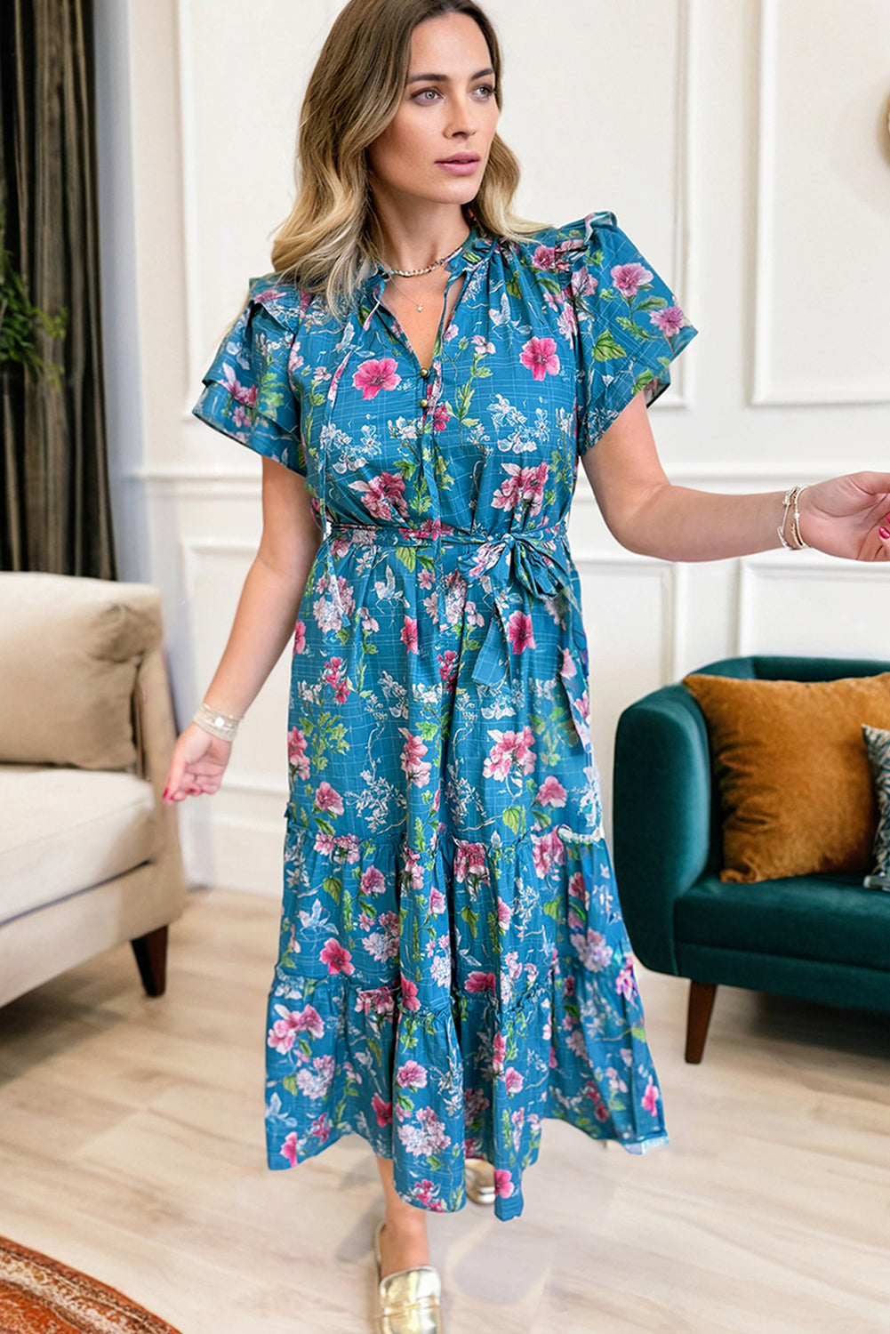 Blue Floral Flutter Sleeve Button Tie Split Neck Belted Long Dress S-XL