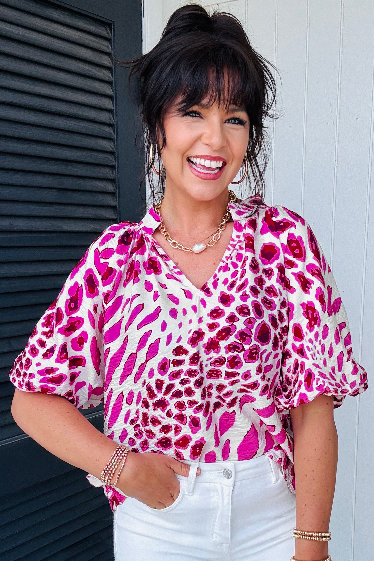 Pink Leopard Print V-Neck Bubble Sleeve Blouse | Sizes 8-22 | Lively Looks