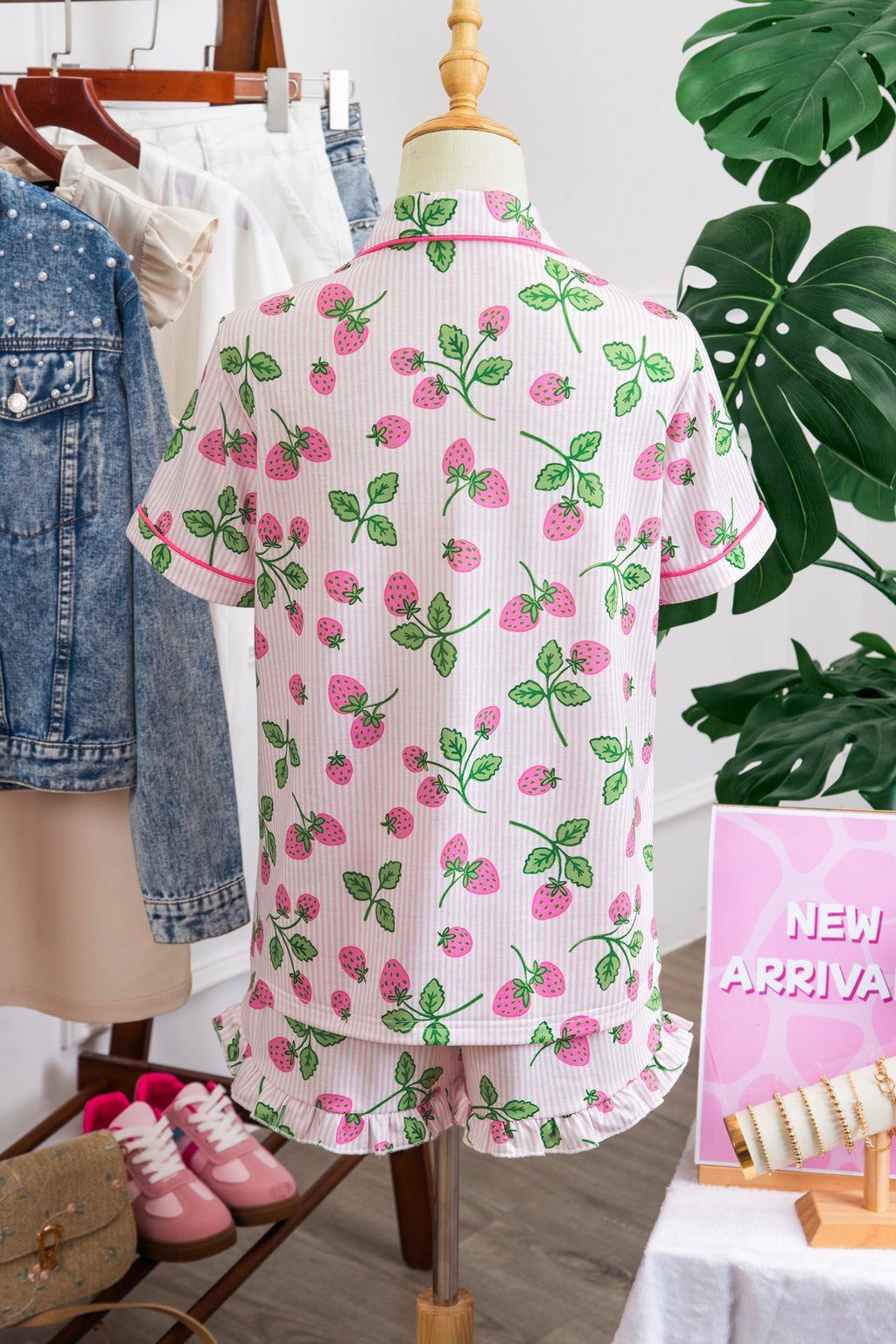 Women's Pink Strawberry Stripe Pyjama Set Short Sleeve Shirt & Shorts at LivelyLooks