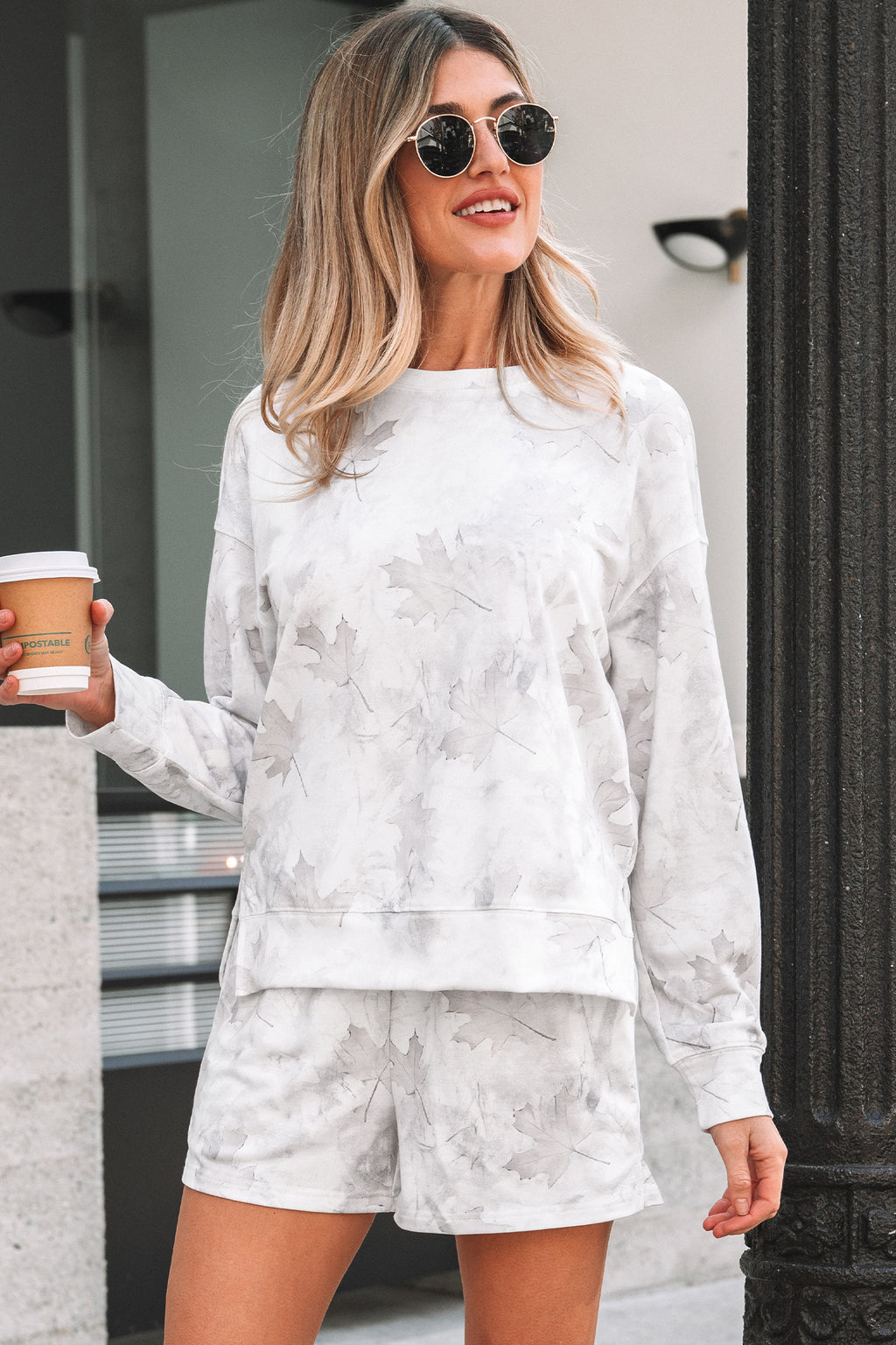 Shop Beige Maple Camo Print Pullover Top & Elastic Waist Shorts Set S-XL at LivelyLooks